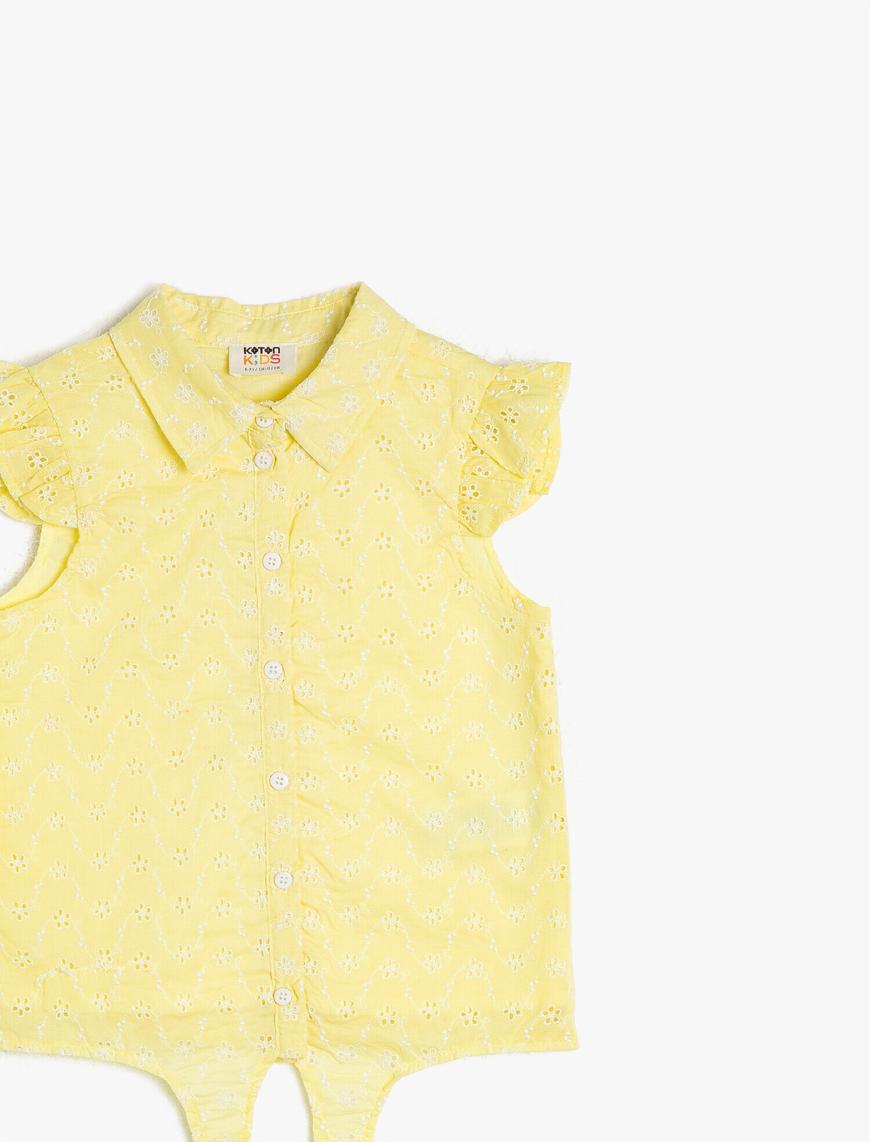  Kız Çocuk Çiçekli Brode Kumaştan Fırfırlı Belden Bağlamalı Gömlek