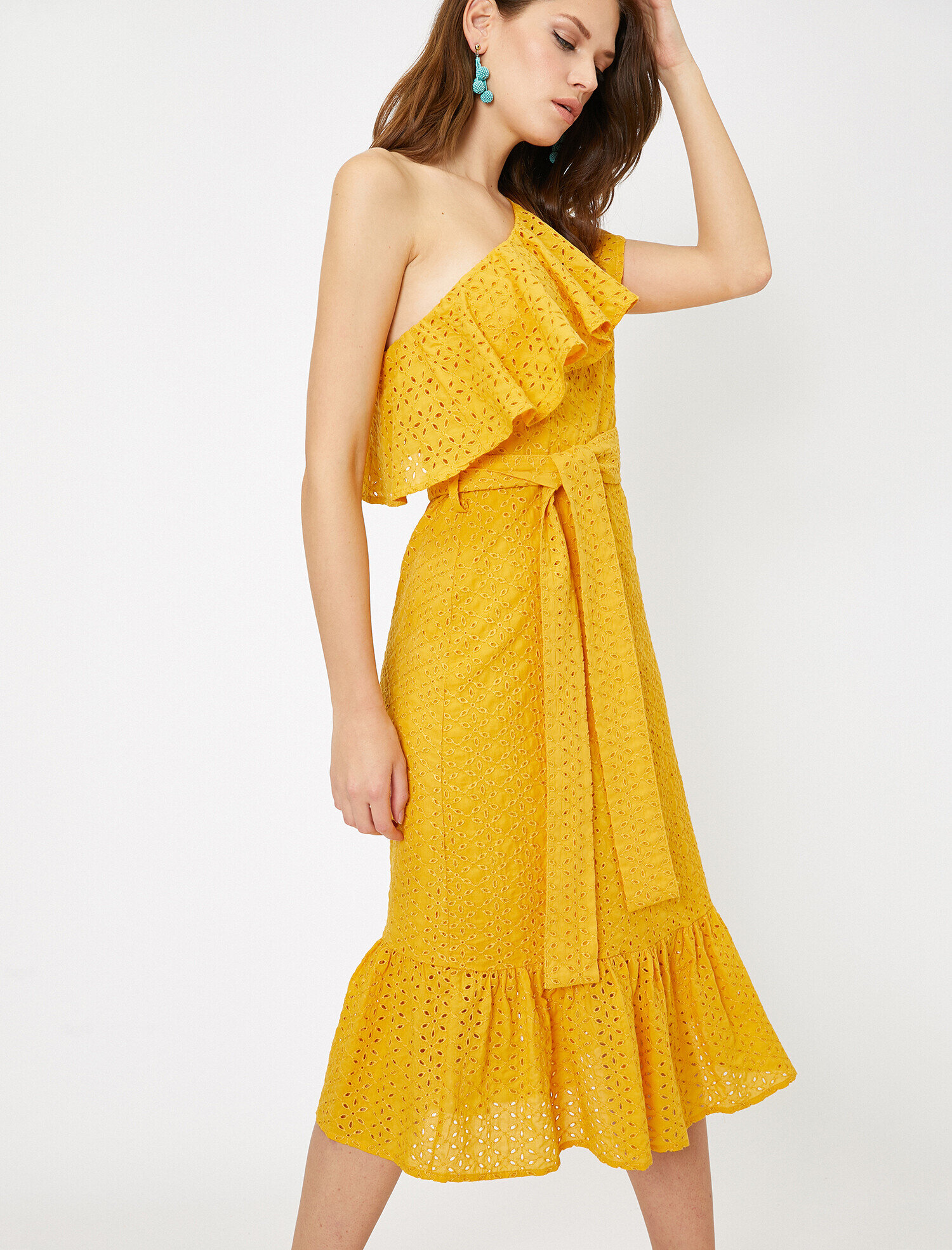   Omuz Detaylı Kemer Detaylı Fırfır Detaylı Dantel Detaylı Midi Elbise