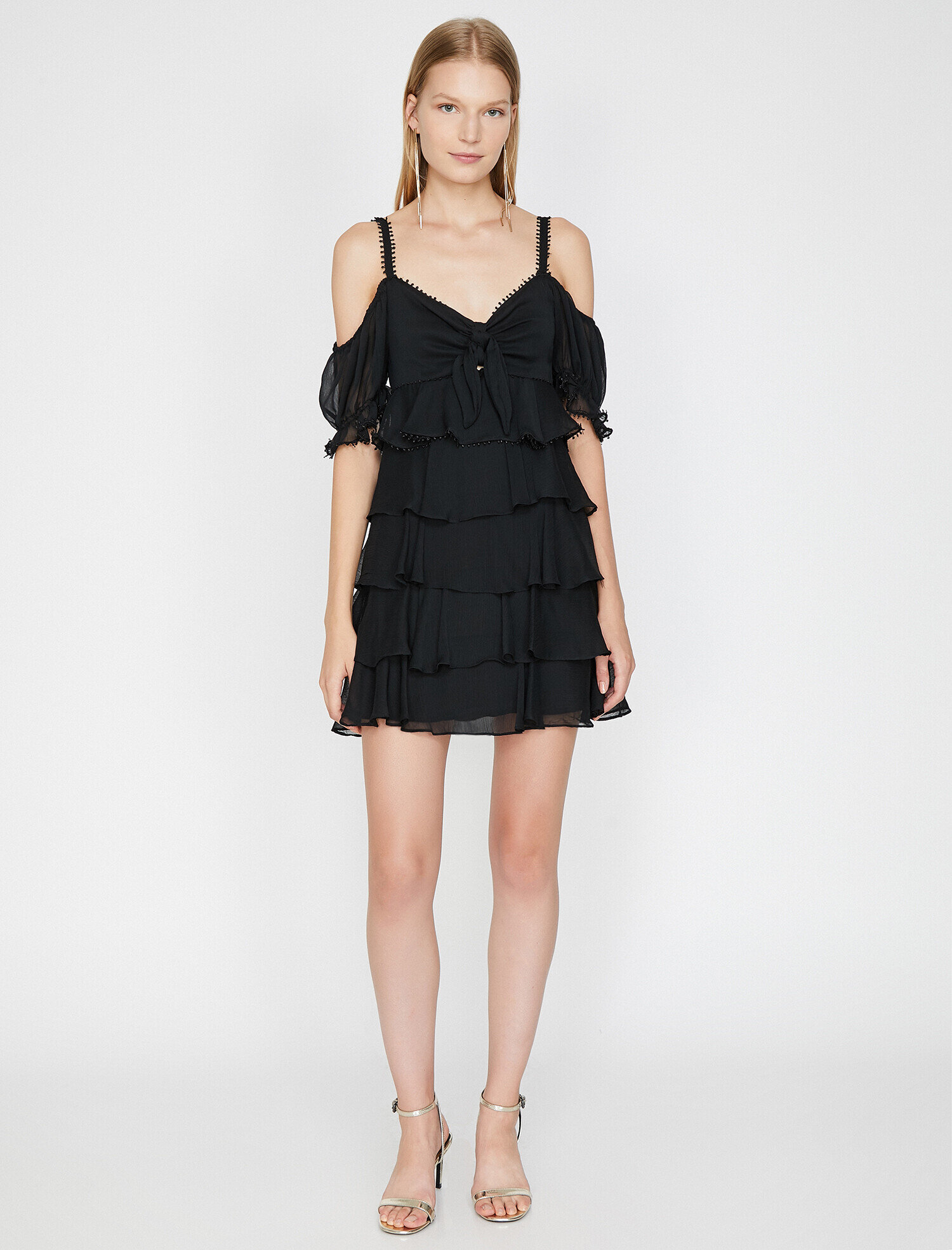   Askılı Kısa Kollu Fırfır Detaylı Mini Elbise