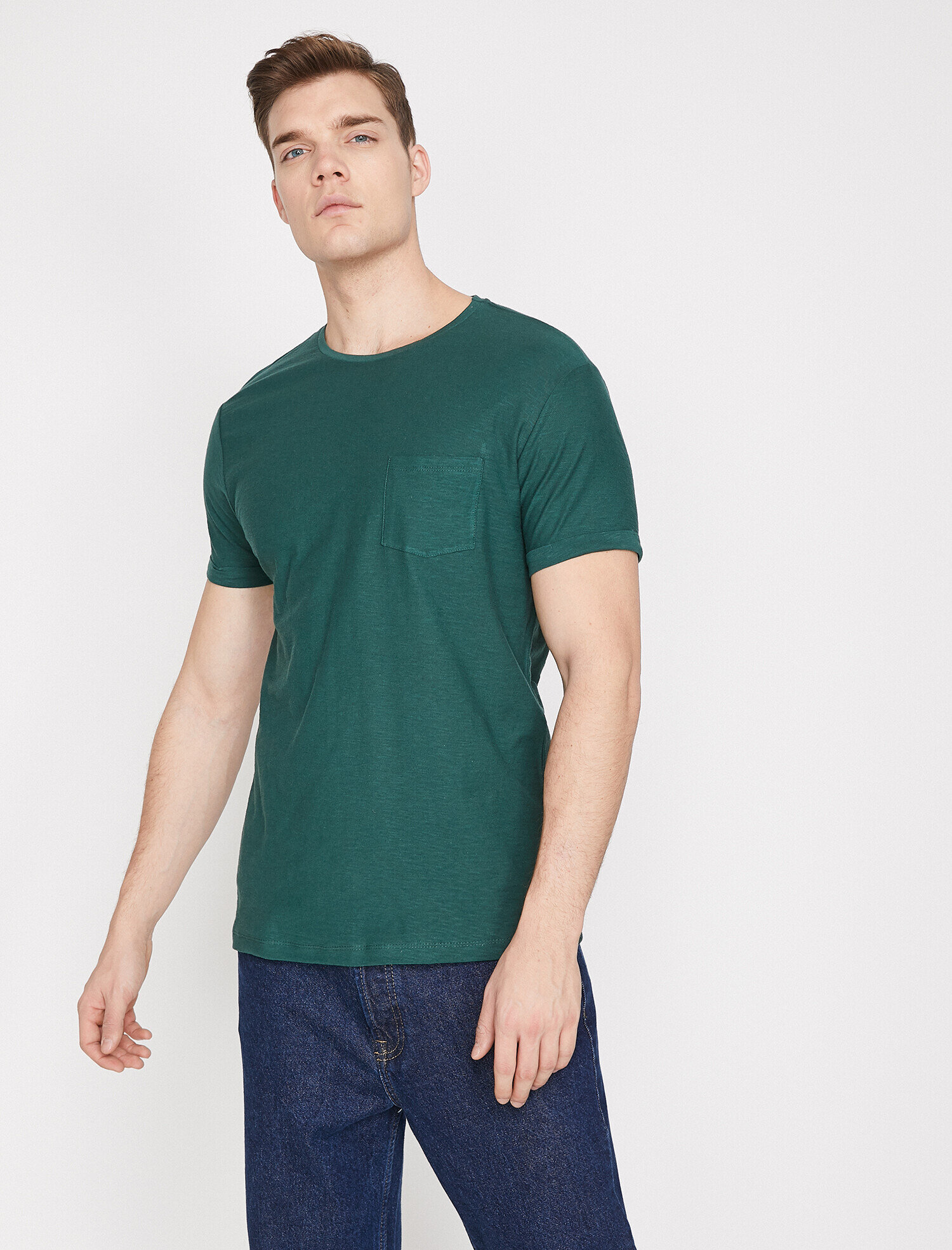   Bisiklet Yaka Tişört Cep Detaylı