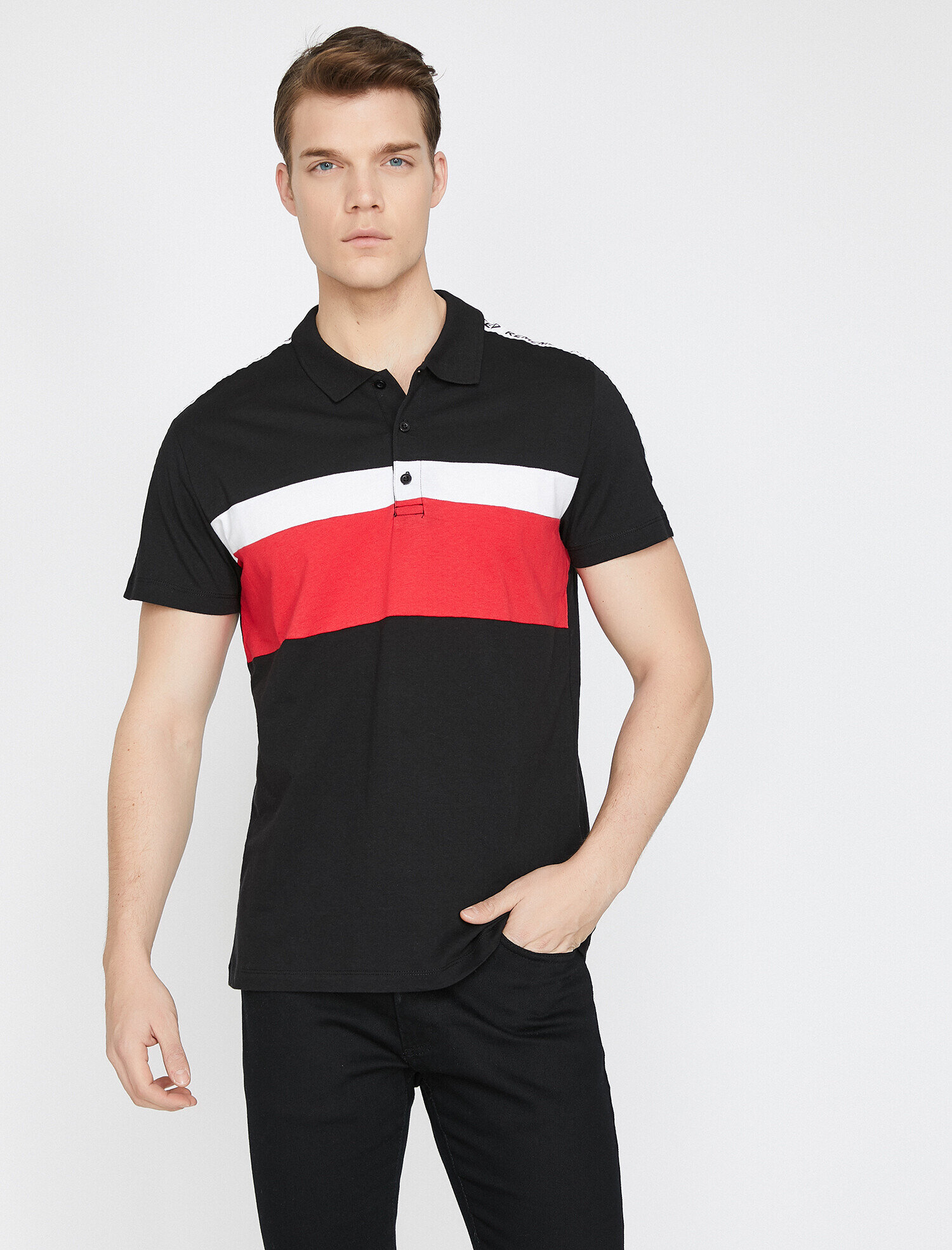 Polo Yaka Omuz Baskılı Renk Bloklu Slim Fit Tişört