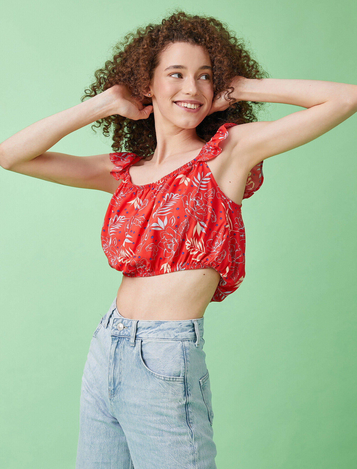   Crop Bluz Desenli Fırfırlı