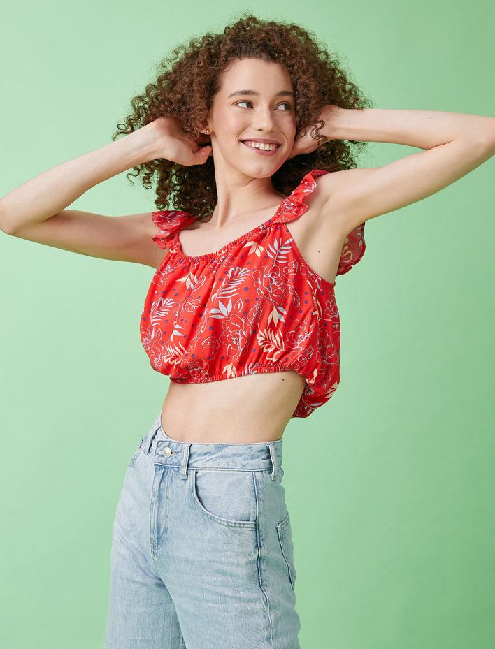  Crop Bluz Desenli Fırfırlı