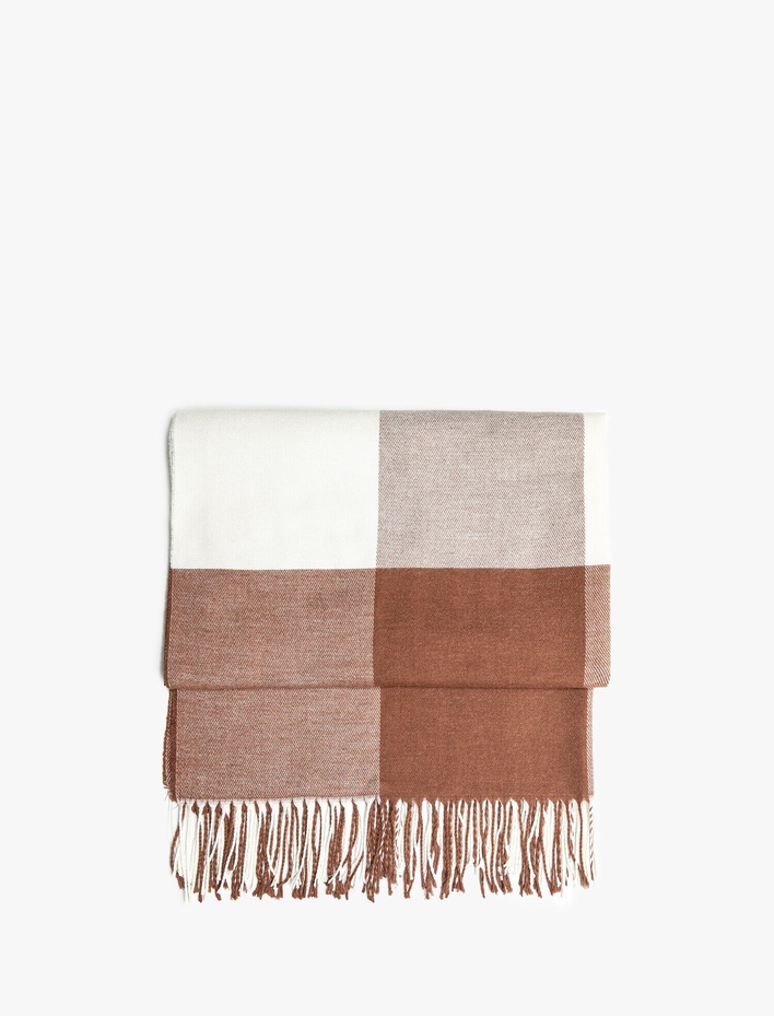 Kadın Blok Desenli Şal Püsküllü