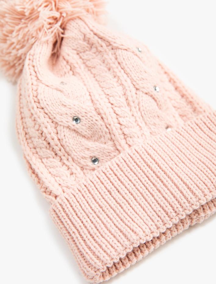 Kız Çocuk Ponponlu Taşlı Örgü Bere