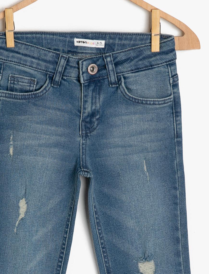  Erkek Çocuk Yırtık Kot Pantolon Dar Paça Pamuklu - Slim Jean