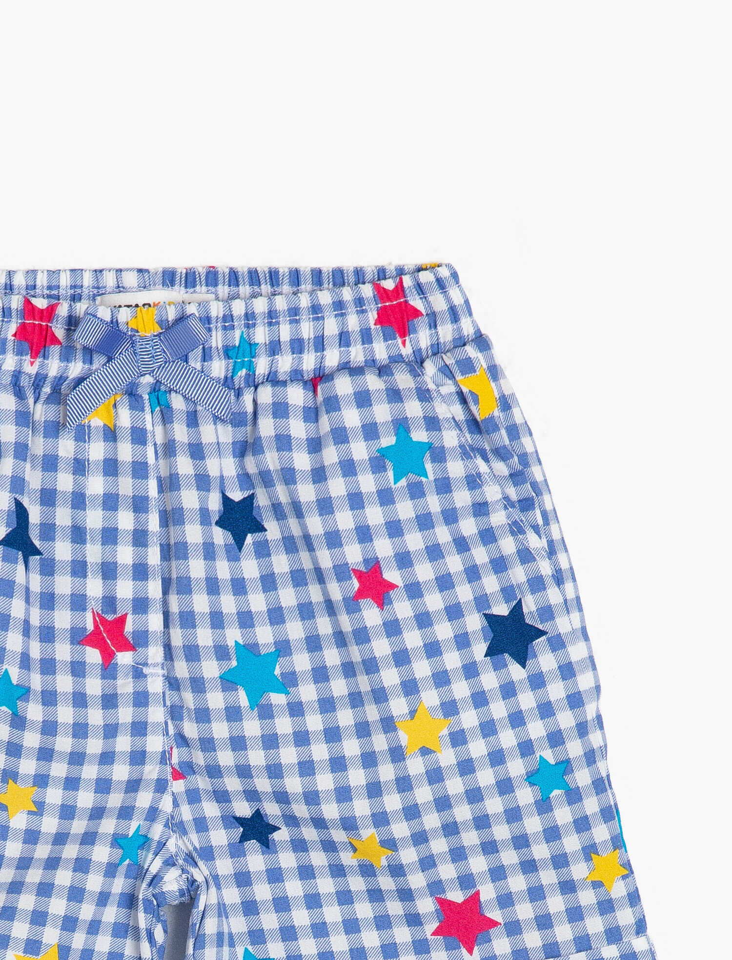  Kız Çocuk Kareli Poplin Kumaştan Cepli Süs Fiyonklu Beli Lastikli Kısa Şort