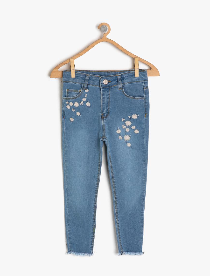  Kız Çocuk Kot Pantolon Çiçekli İşleme Detaylı Pamuklu - Slim Jean