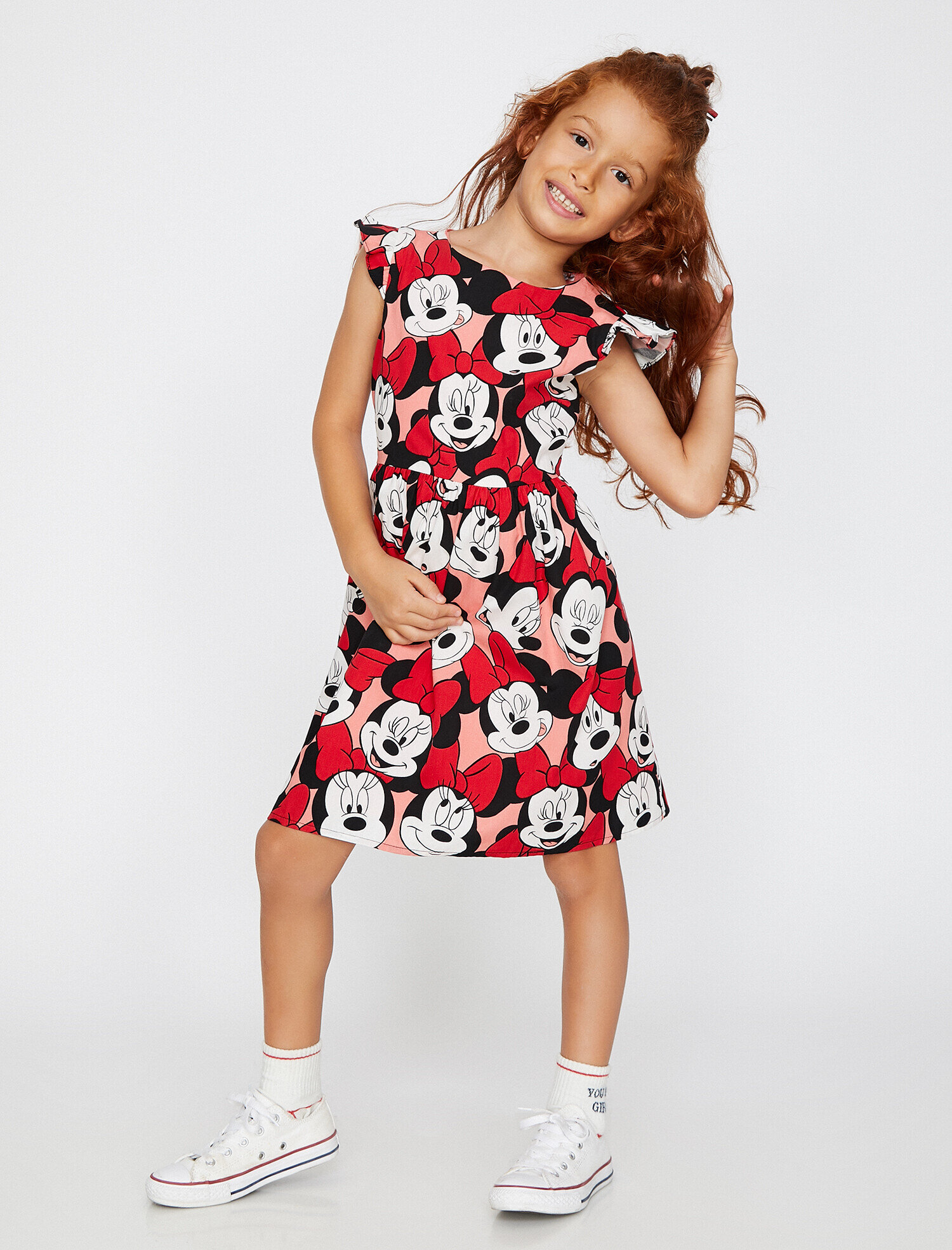 Kız Çocuk Minnie Lisanslı Baskılı Poplin Kumaştan Sırt Detaylı Orta Boy Elbise