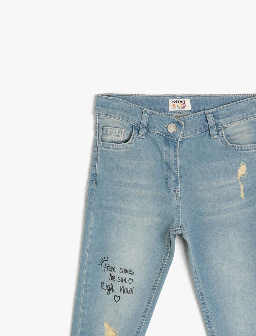  Kız Çocuk Kot Pantolon Pamuklu Baskılı Destroylu Cepli - Slim Jean