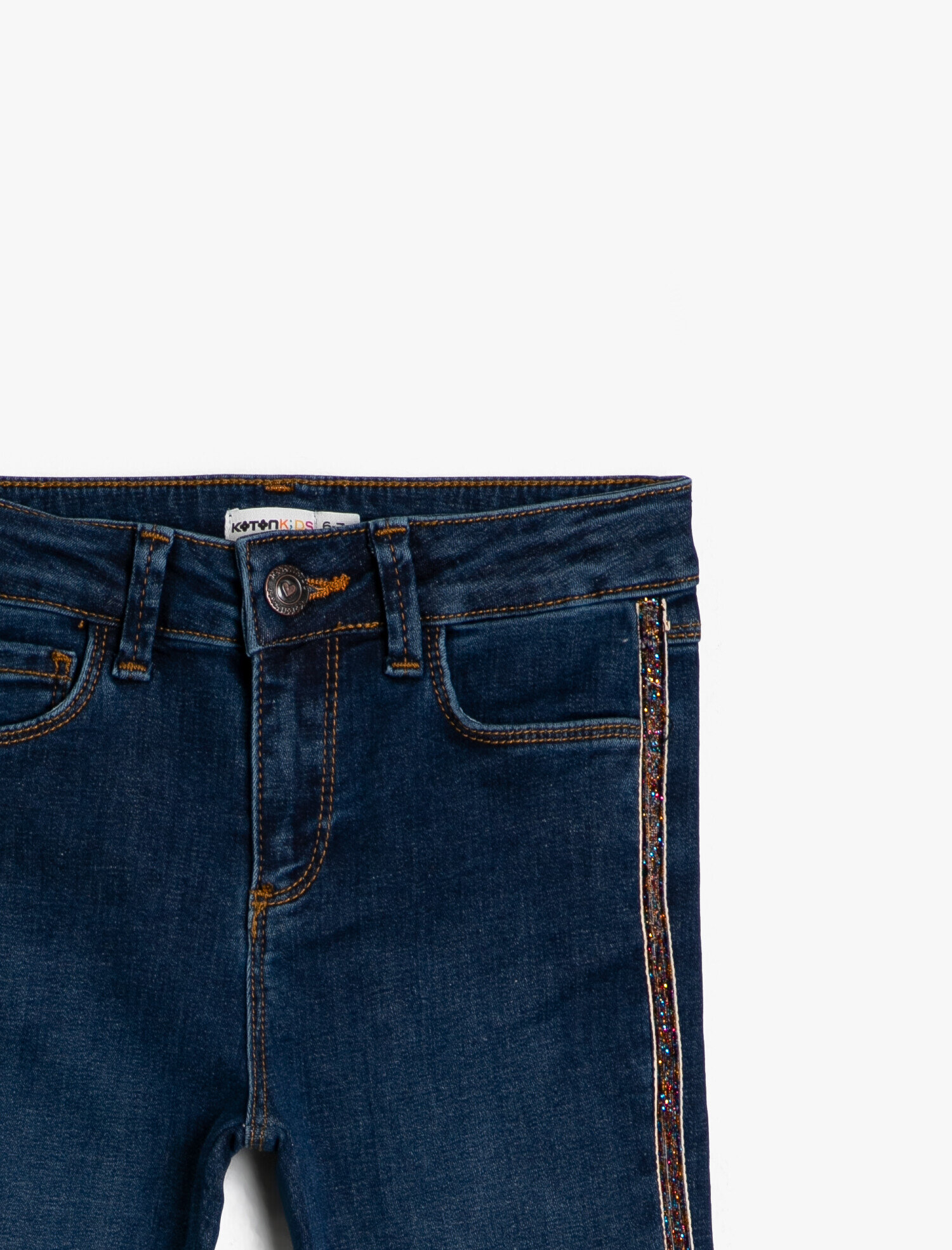  Kız Çocuk Pamuklu Simli Şerit Detaylı Cepli Kot Pantolon - Slim Jean