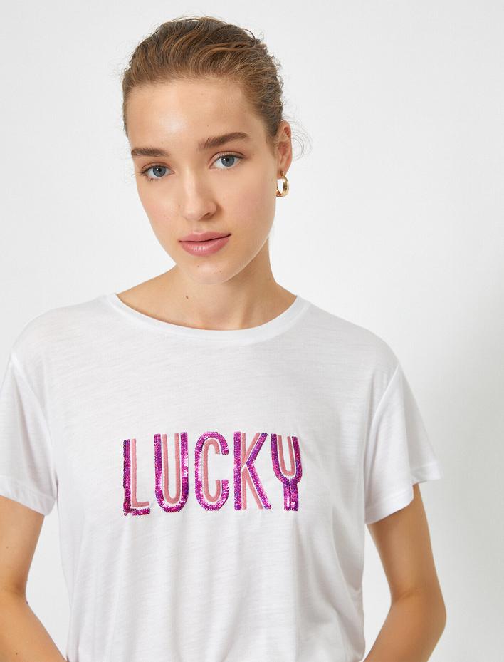  Bisiklet Yaka Yazılı Baskılı Pullu Kısa Kollu Tişört