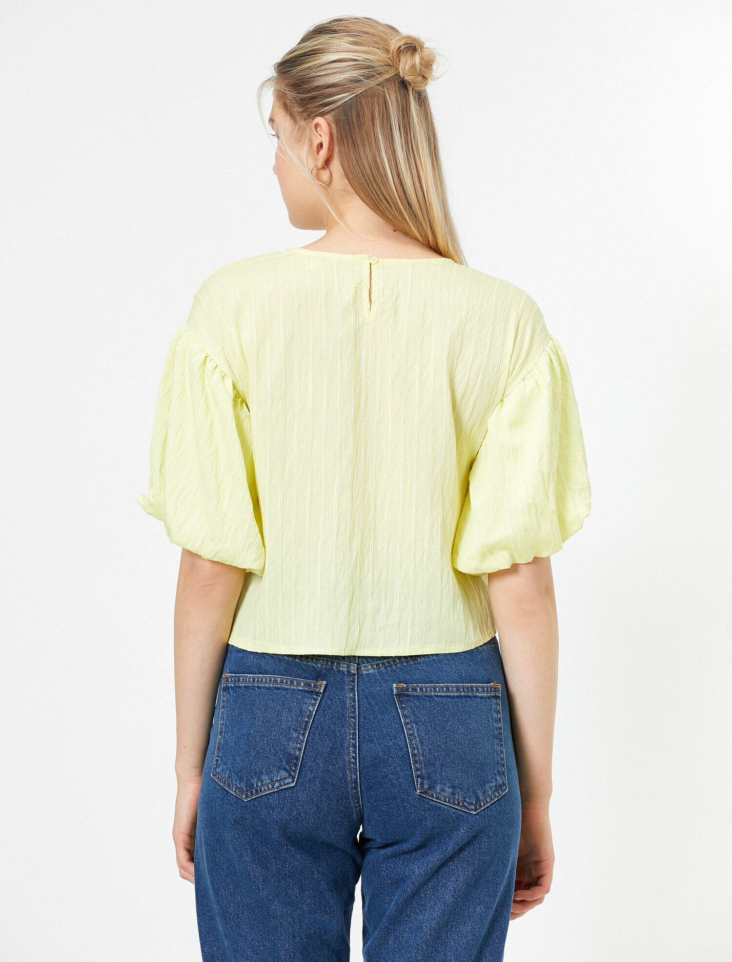   Bisiklet Yaka Kısa Kollu Kolları Volanlı Bluz