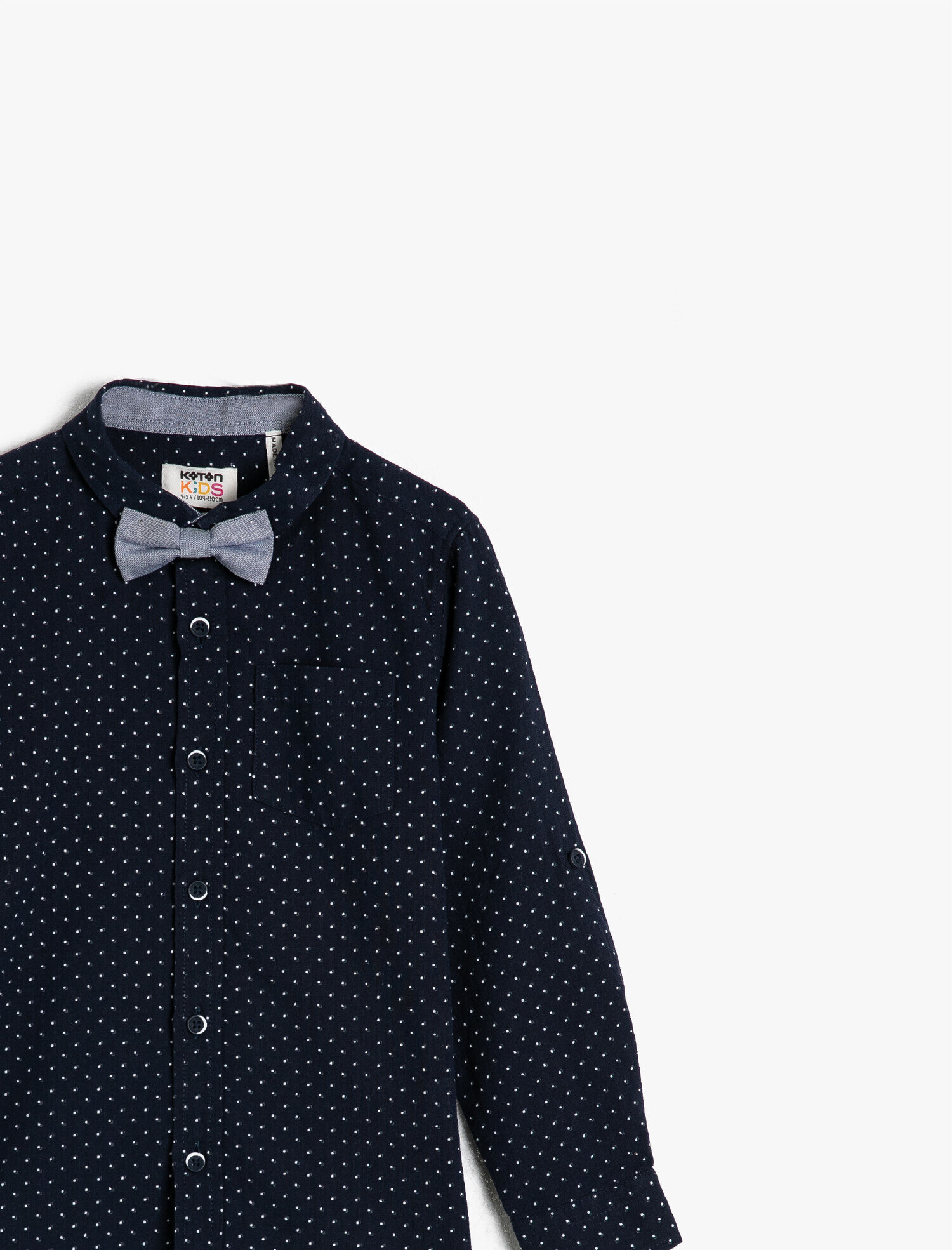  Erkek Çocuk Pamuklu Desenli Papyonlu Uzun Kollu Cepli Gömlek