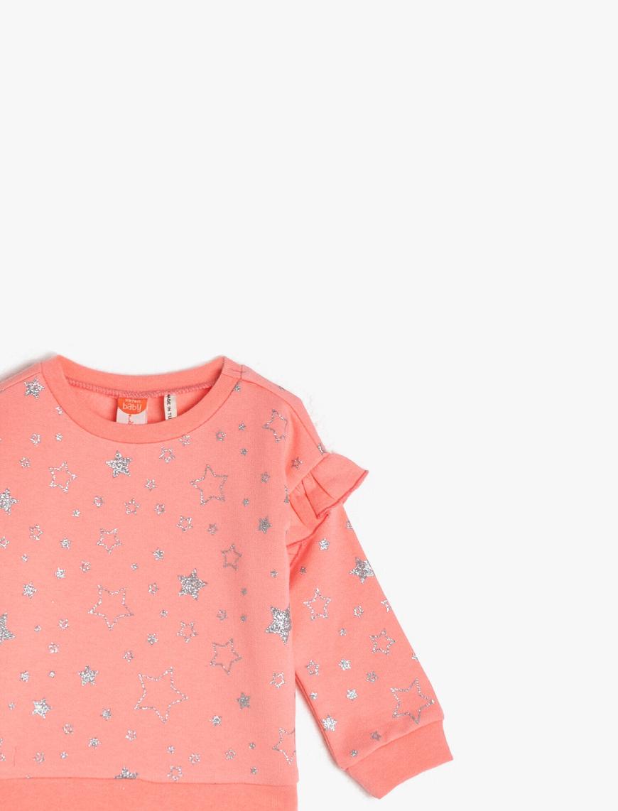  Kız Bebek Pamuklu Simli Baskılı Fırfır Detaylı Sweatshirt