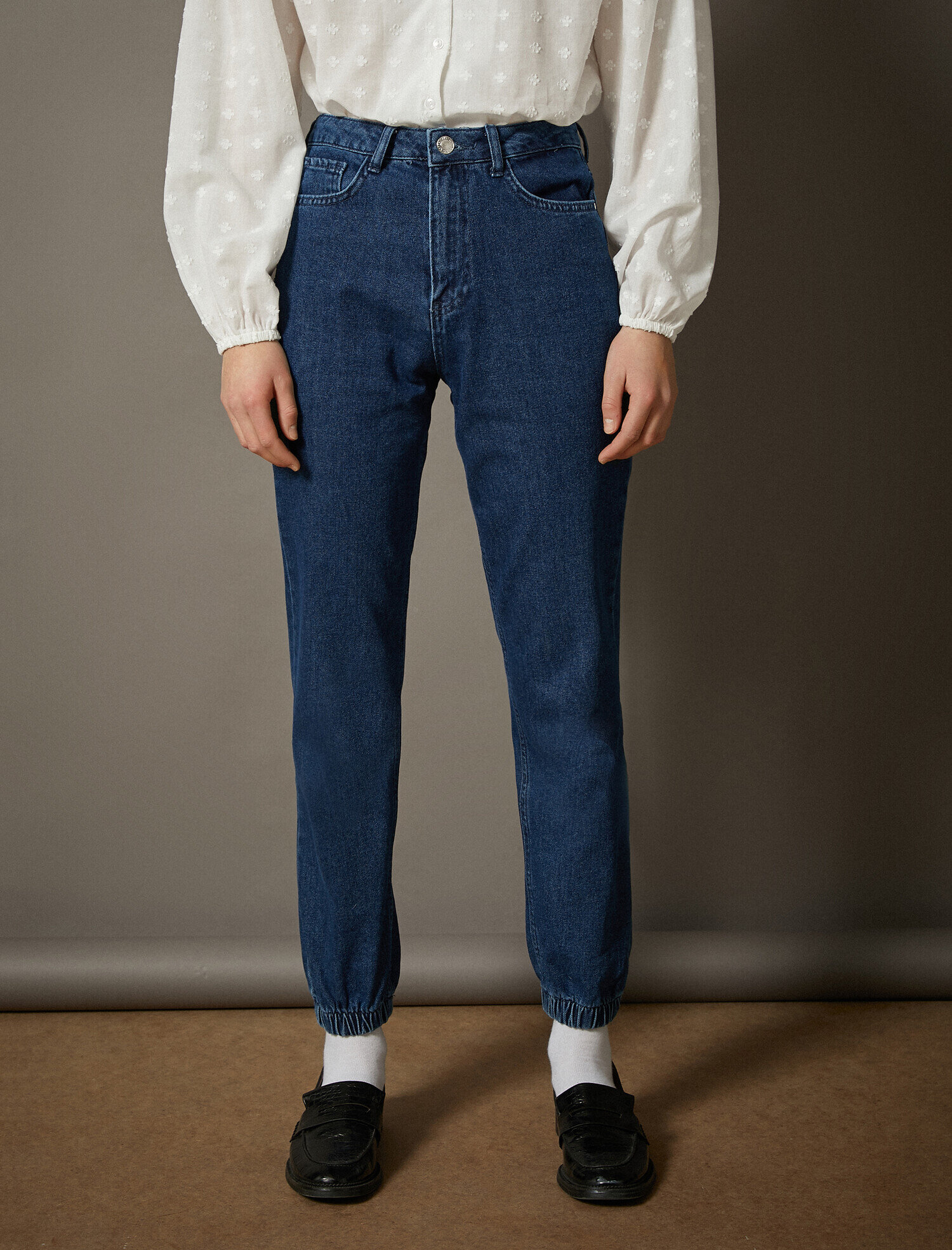   Jogger Jean - Yüksek Bel Rahat Kesim Paçası Lastikli Pantolon