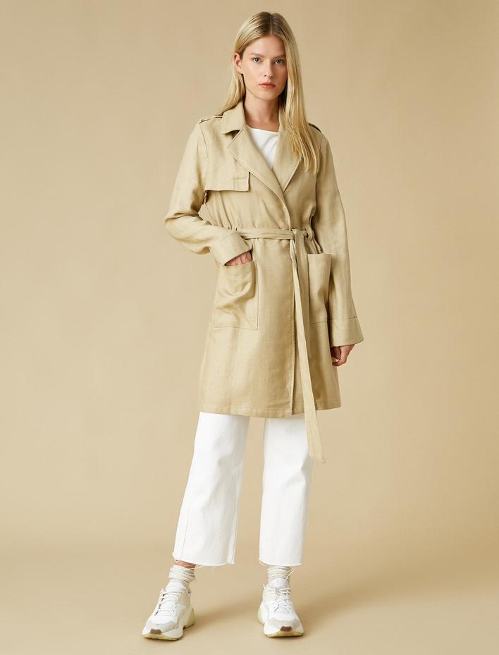  Cep Detaylı Beli Bağlamalı Trençkot Keten Karışımlı