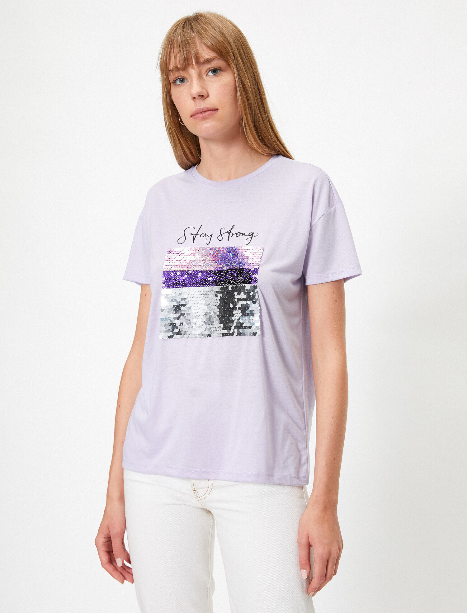   Pul Payet Slogan Detaylı Bisiklet Yaka Tişört