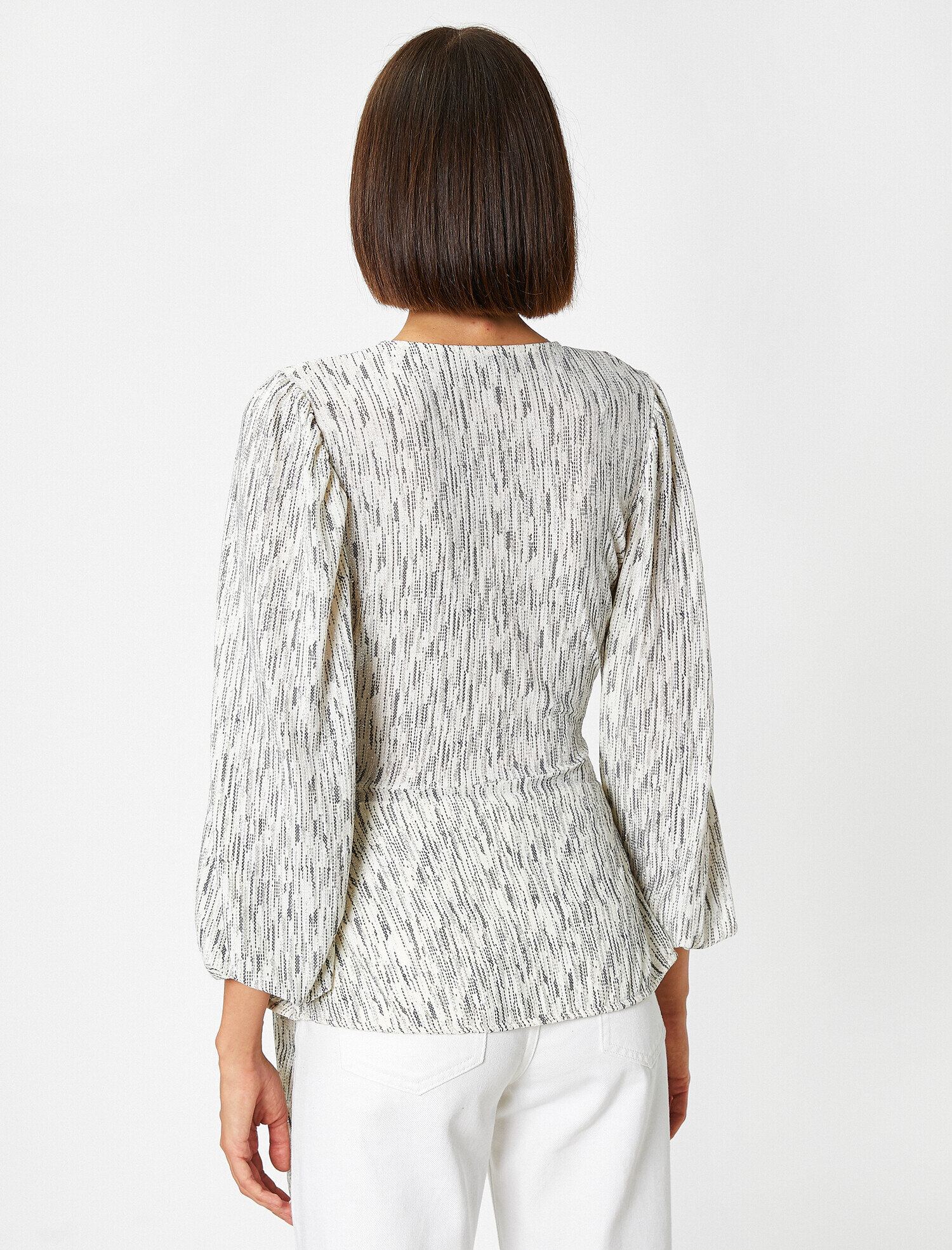 Gri Kadın Çizgili Uzun Kollu Kemerli Kruvaze Abiye Bluz