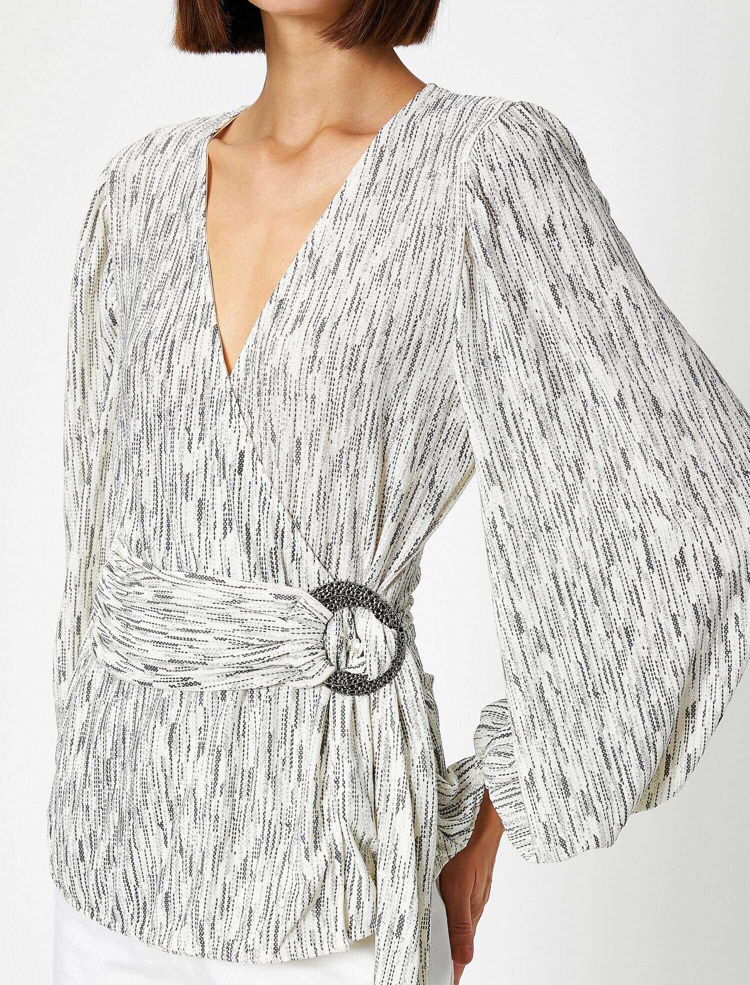   Çizgili Uzun Kollu Kemerli Kruvaze Abiye Bluz