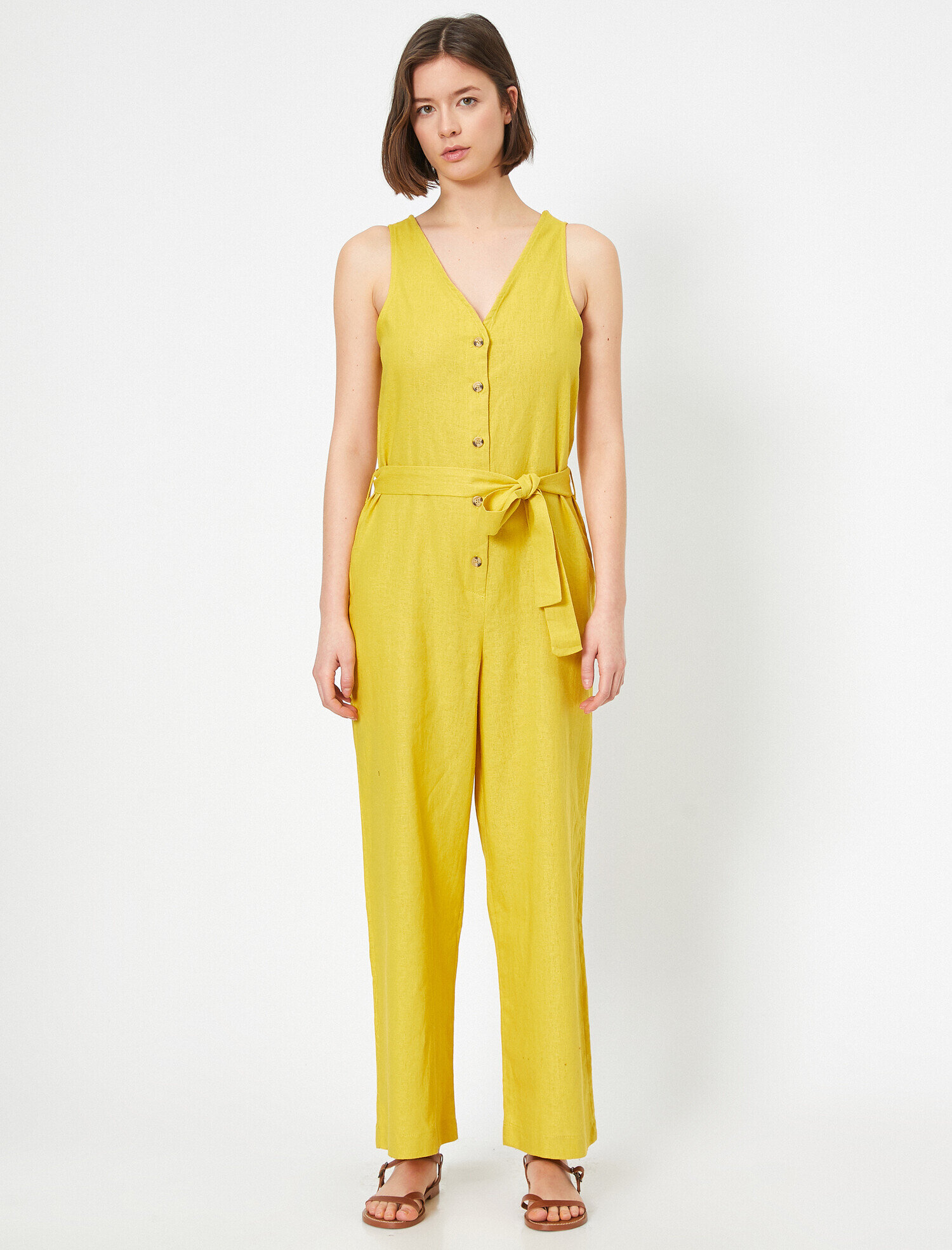   Düğme Detaylı Tulum Keten Karışımlı