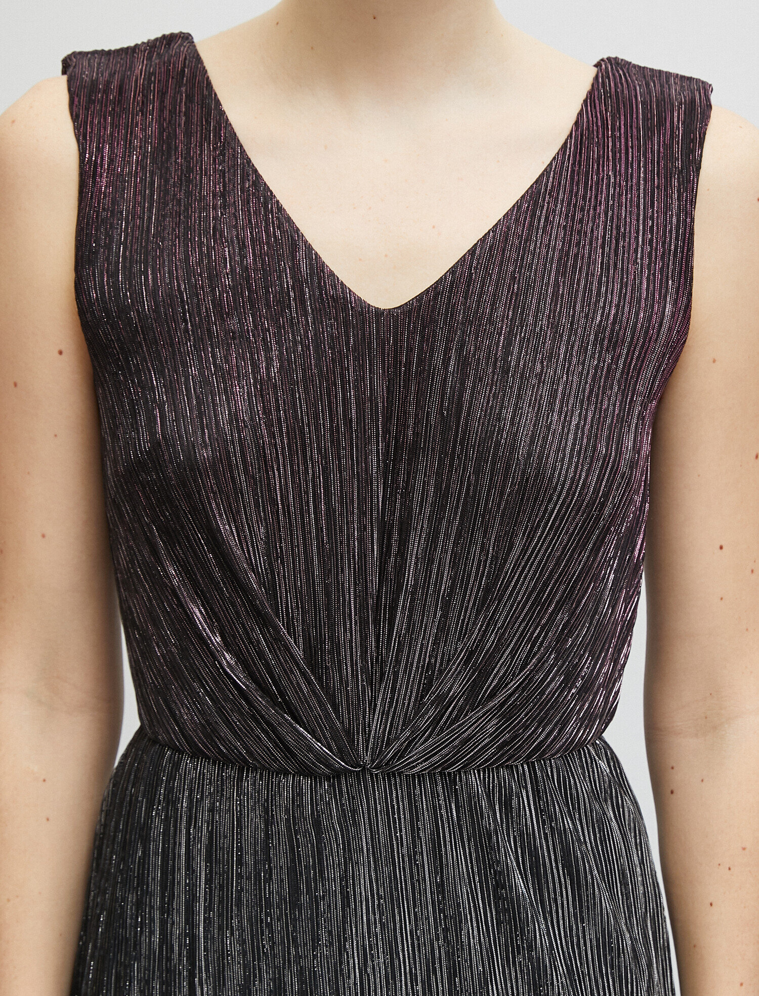   Pileli  Abiye Elbise Kolsuz  Metalik