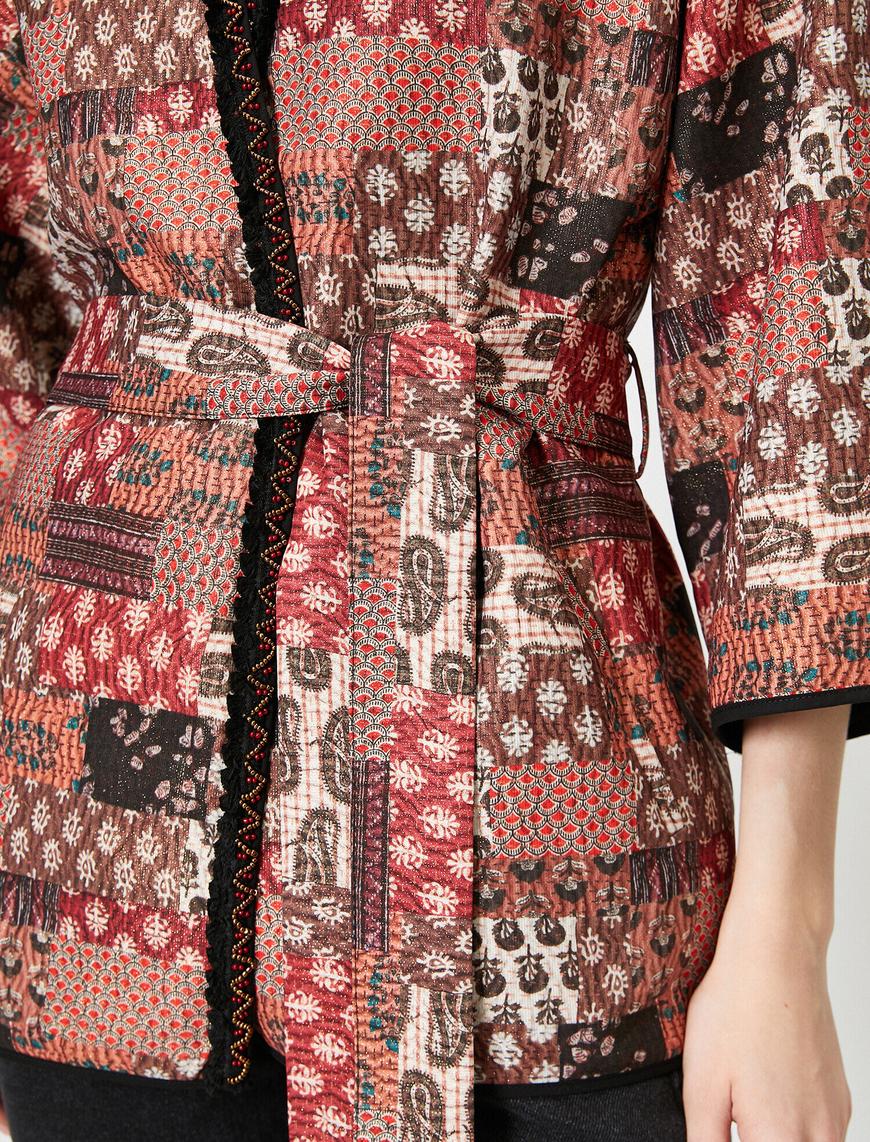   V Yaka Uzun Kollu Cep Detaylı Beli Bağlamalı Kimono