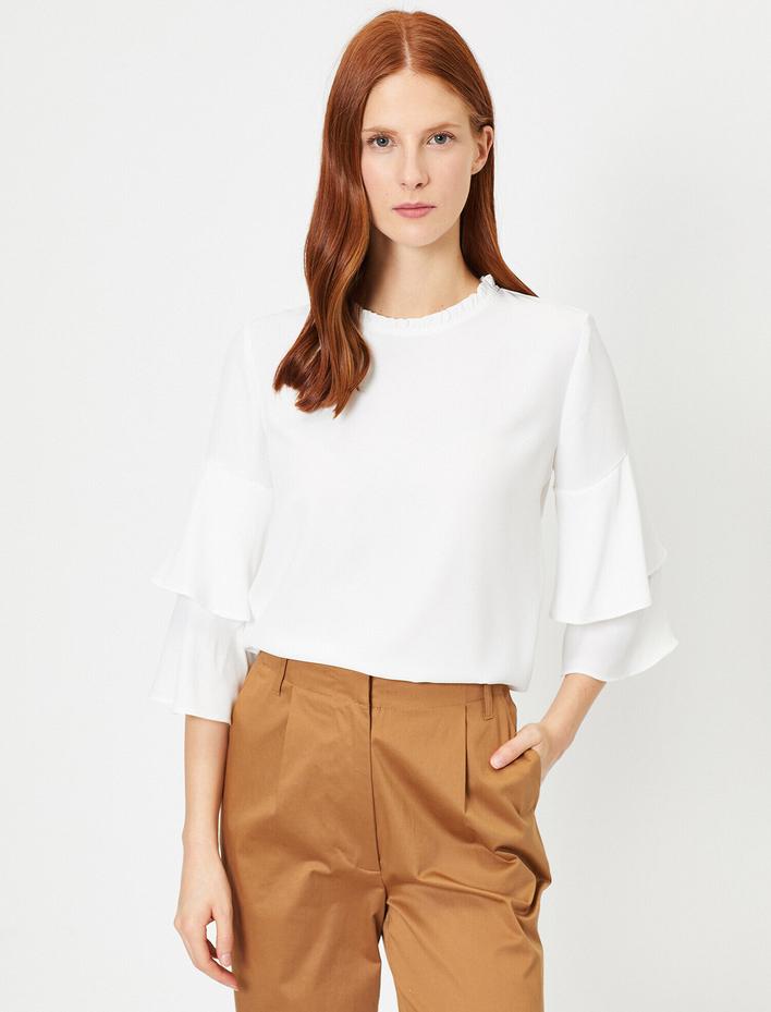  Dik Yaka Volanlı Uzun Kollu Bluz