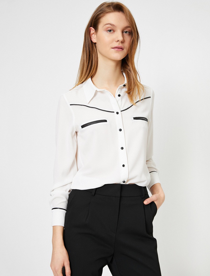  Suni Deri Detaylı Uzun Kollu Gömlek