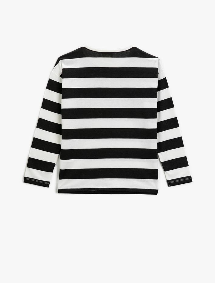 Kız Çocuk Pamuklu Baskılı Bisiklet Yaka Çizgili Uzun Kollu Tişört