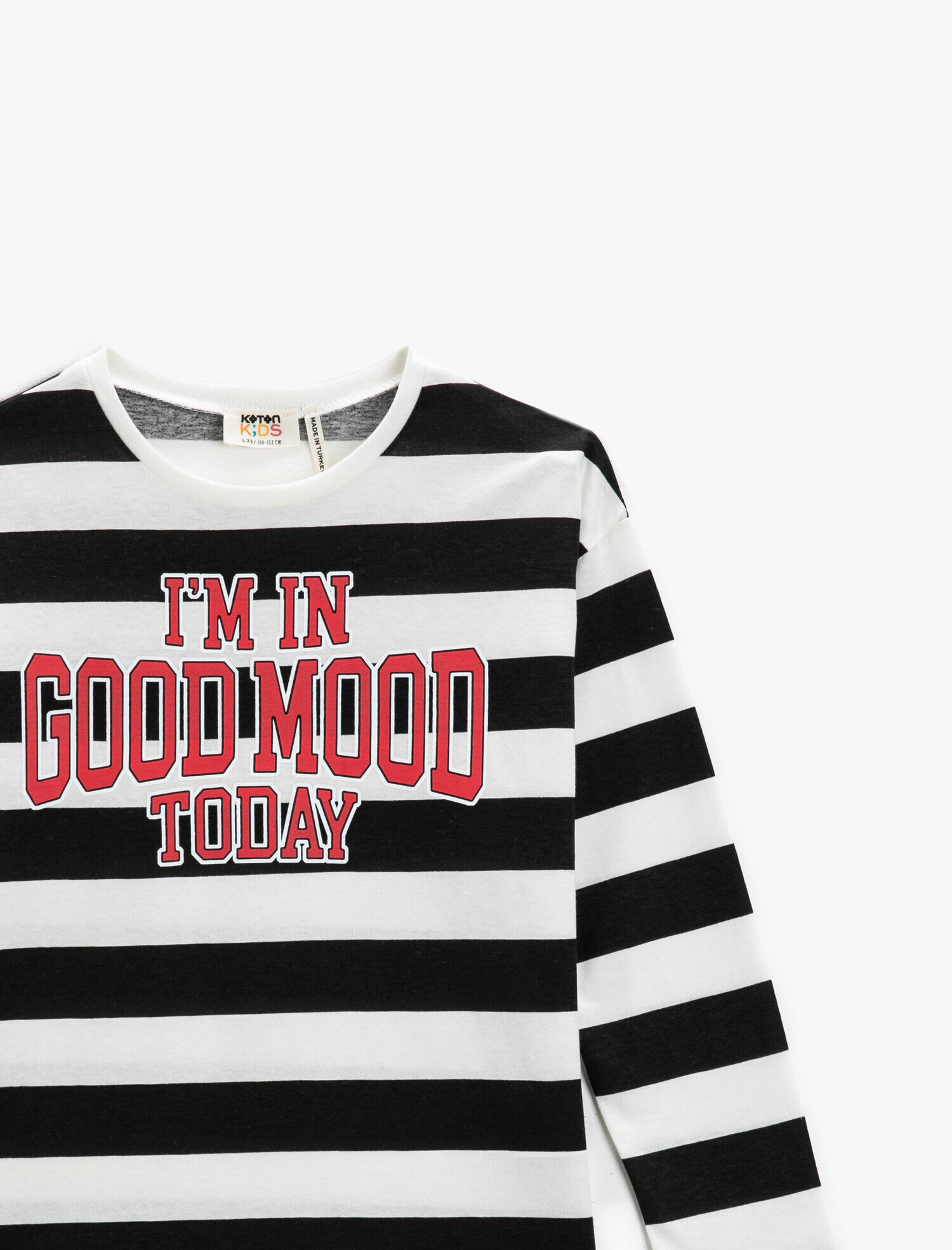  Kız Çocuk Pamuklu Baskılı Bisiklet Yaka Çizgili Uzun Kollu Tişört