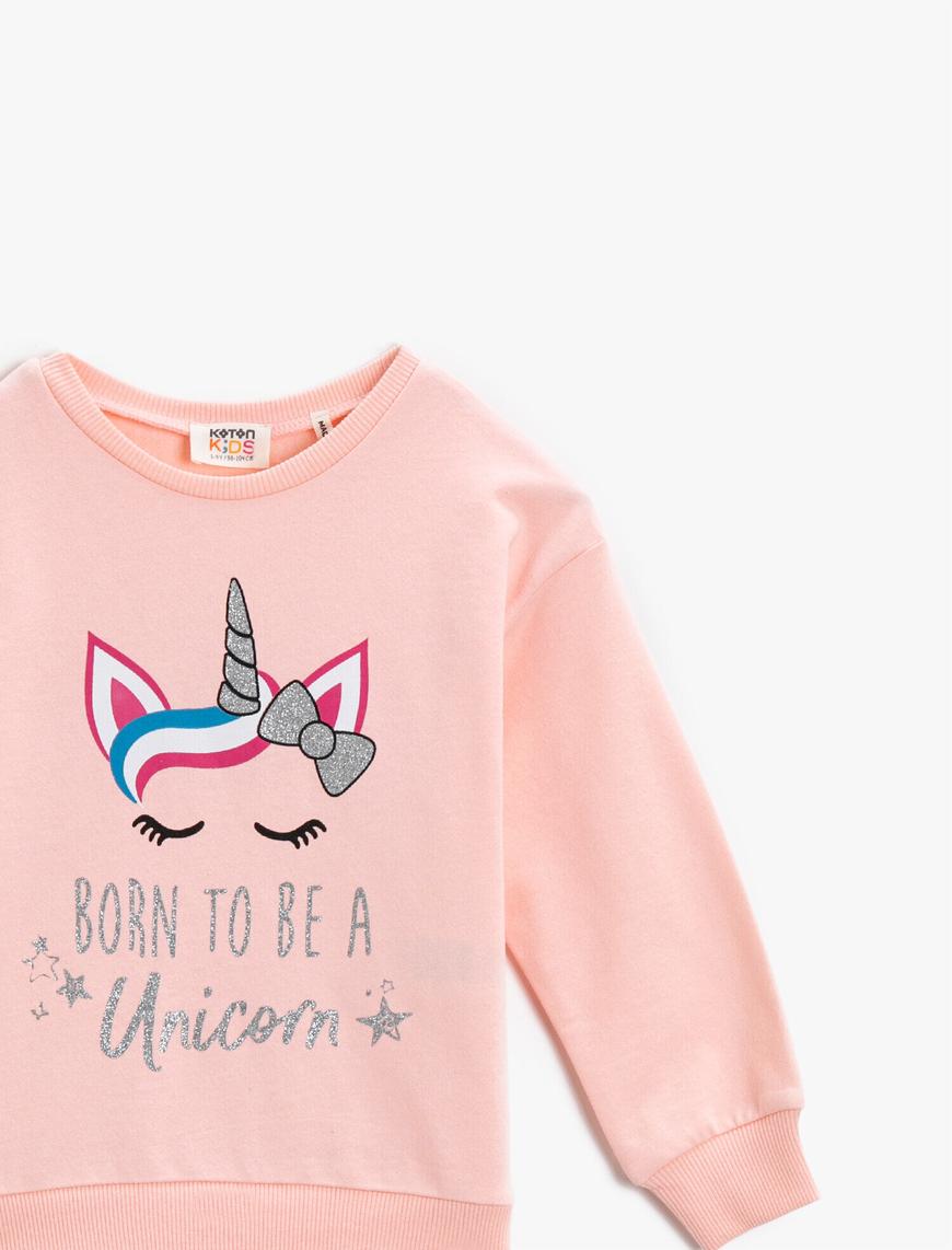  Kız Çocuk Unicorn Baskılı Sweatshirt Simli Pamuklu