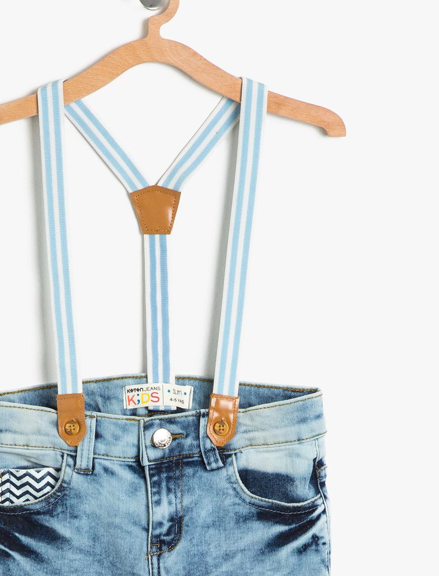  Erkek Çocuk Kot Pantolon Askılı Taşlanmış Cepli Dar Paça Pamuklu - Slim Jean