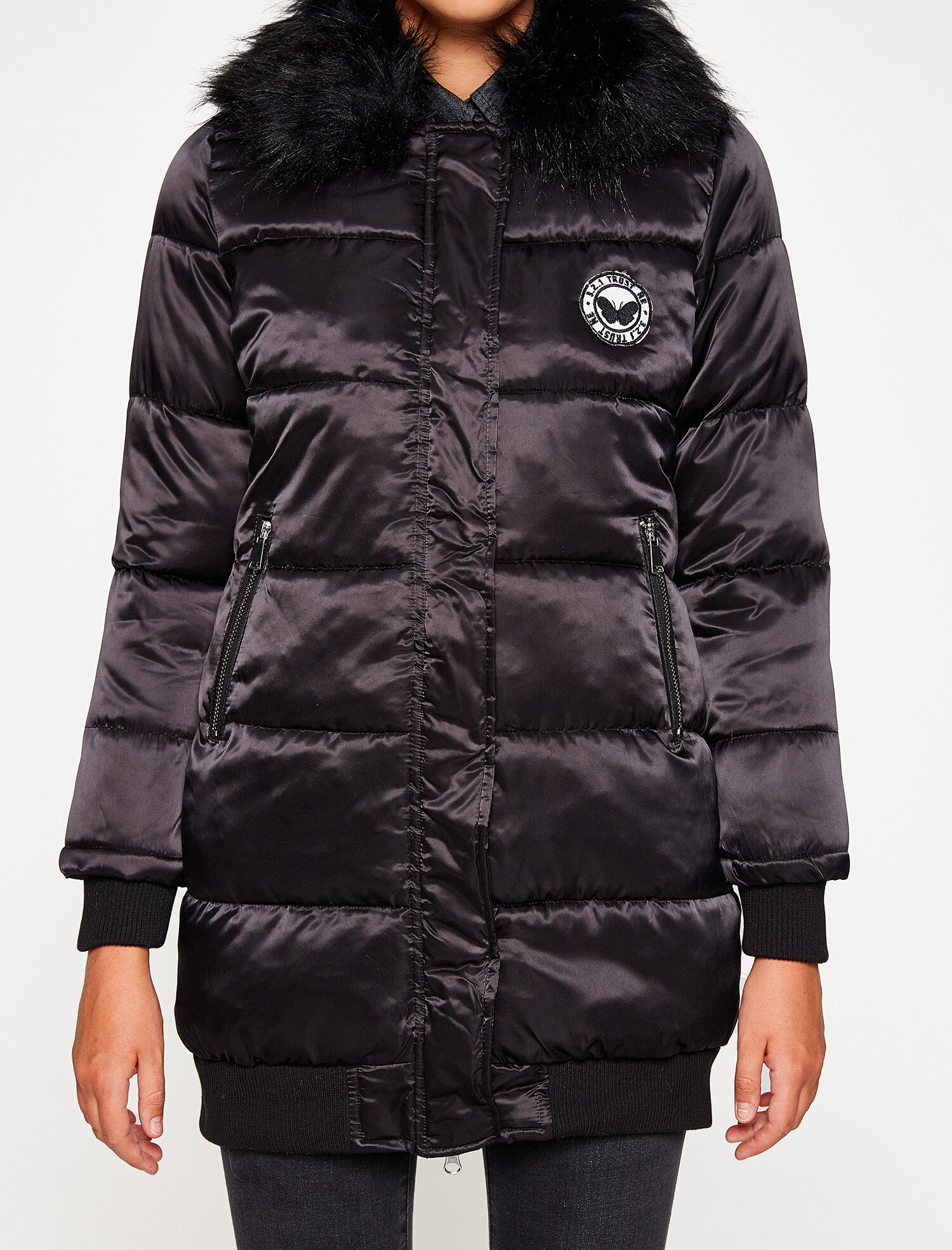   Suni Kürk Detaylı Kapüşonlu Uzun Şişme Mont