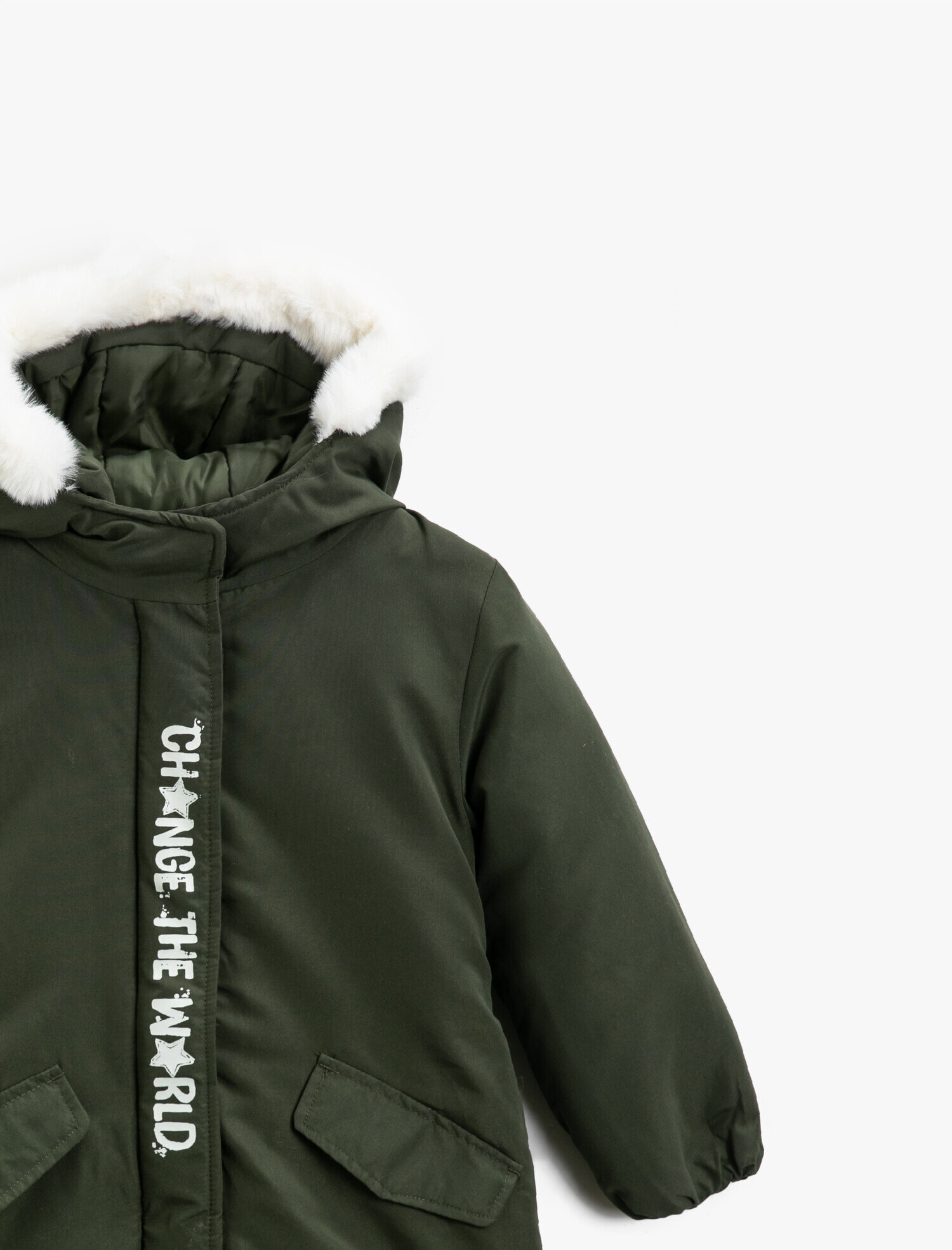  Kız Çocuk Kapüşonlu Suni Kürklü Baskılı Cepli Kaban