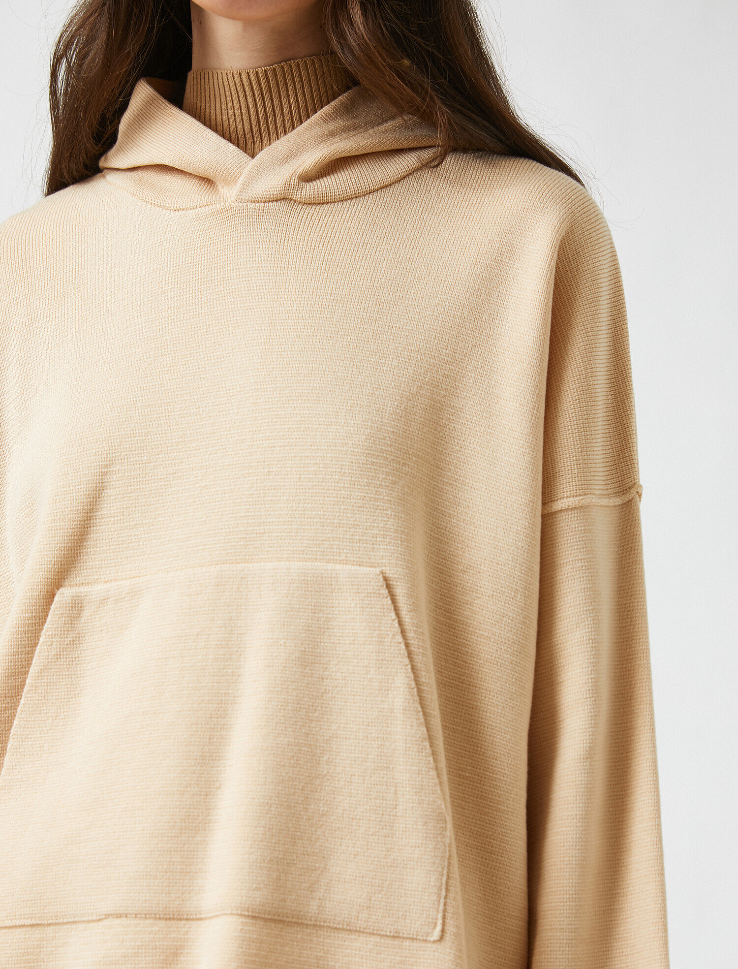   Kapüşonlu Kanguru Cepli Triko Kazak Kaşmir Dokulu