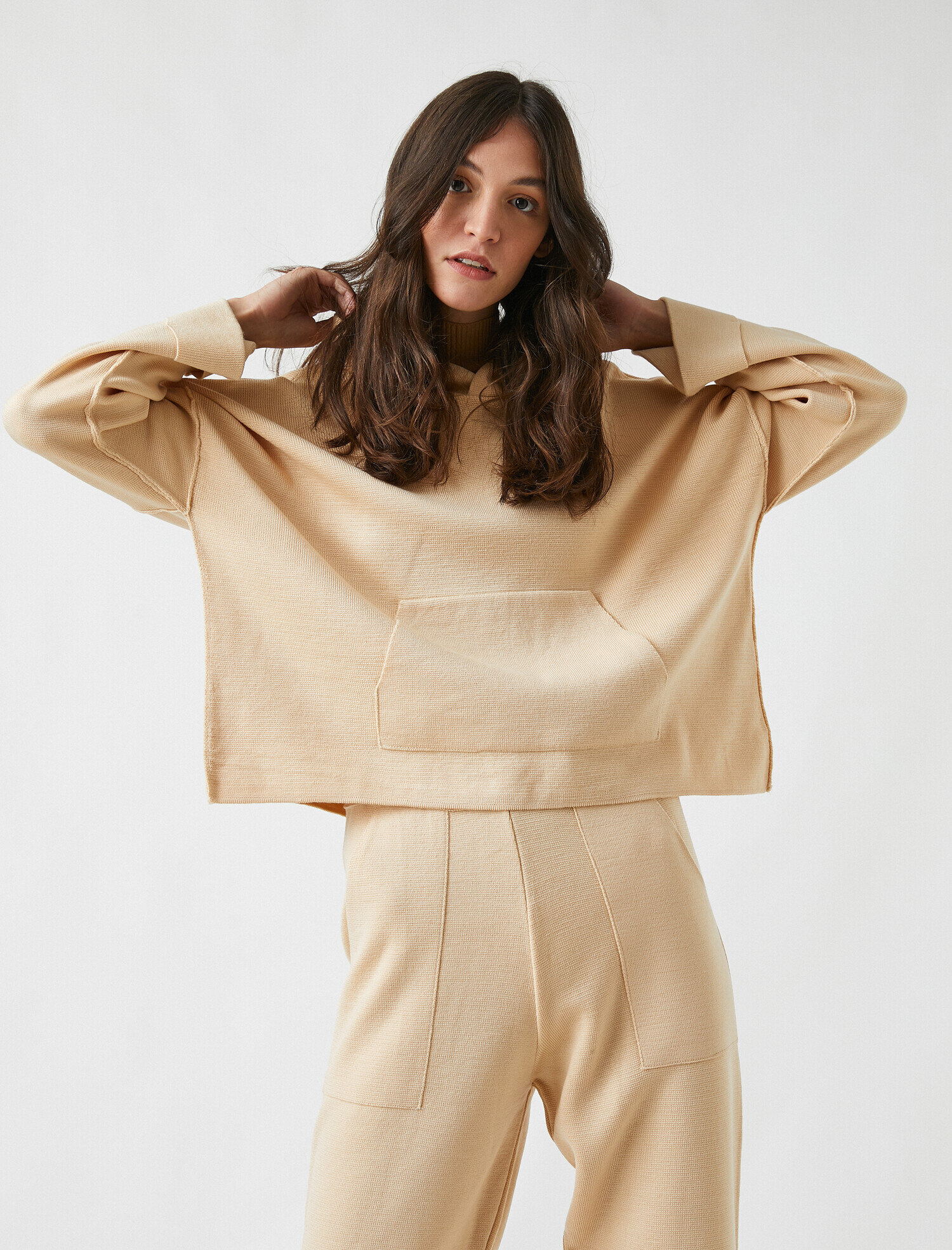   Kapüşonlu Kanguru Cepli Triko Kazak Kaşmir Dokulu