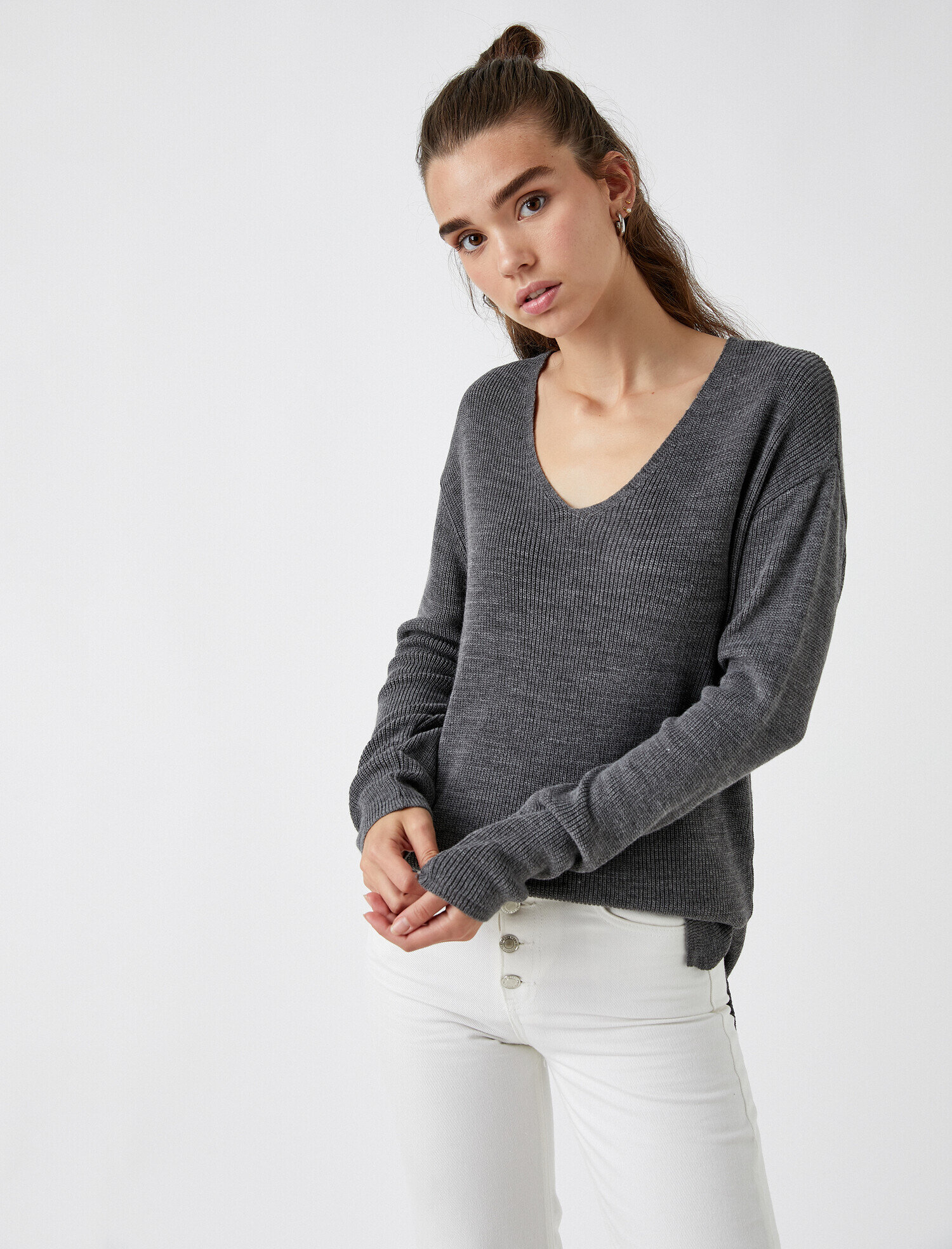   V Yaka Uzun Kollu Basic Triko Kazak Kaşmir Dokulu