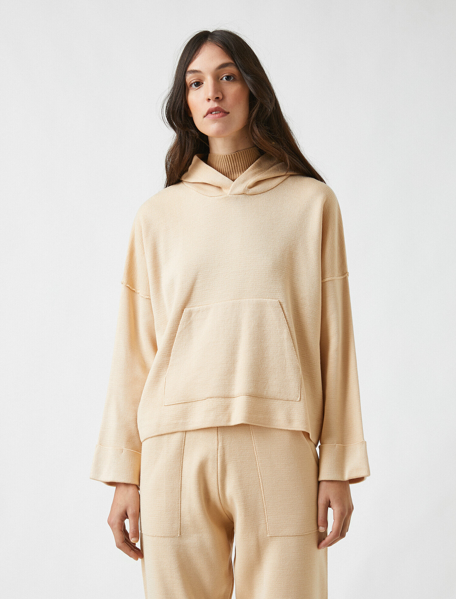   Kapüşonlu Kanguru Cepli Triko Kazak Kaşmir Dokulu