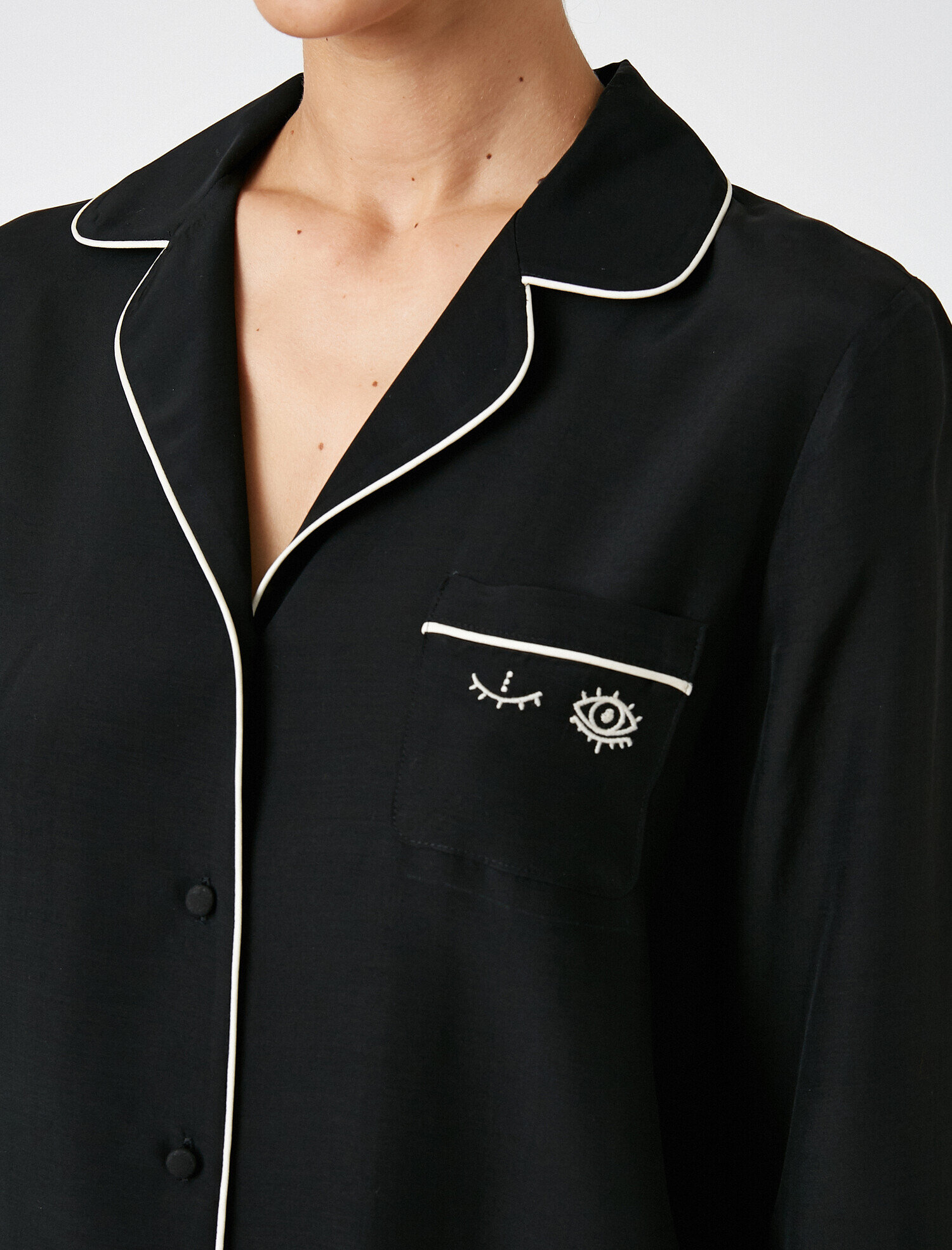   Gömlek Yaka Şerit Detaylı Pijama Üstü