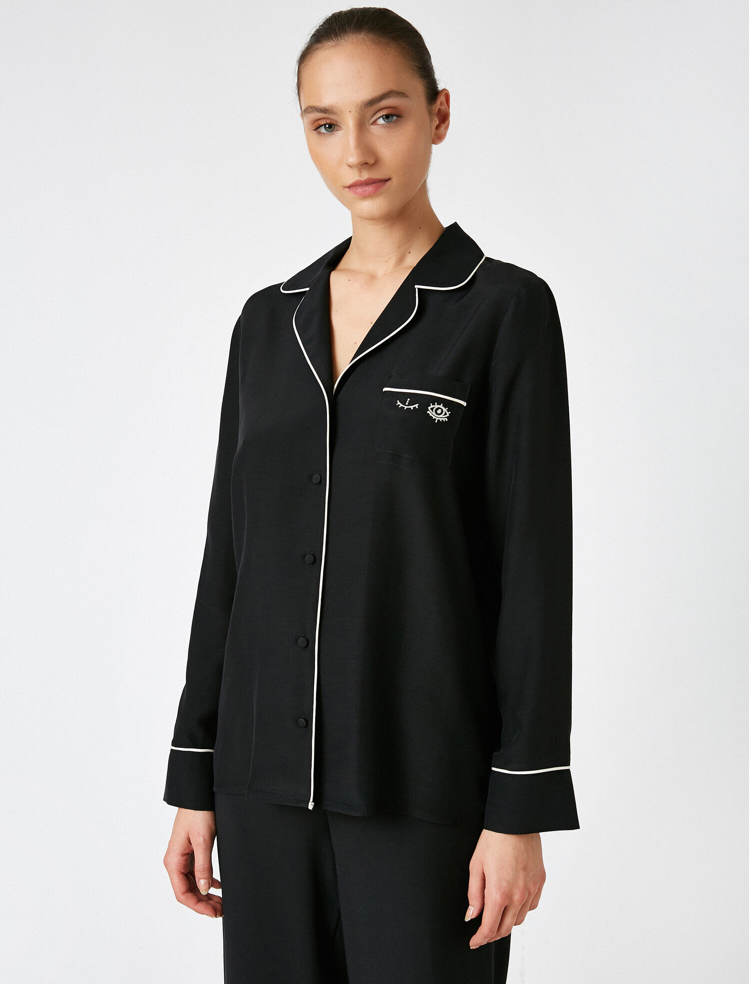   Gömlek Yaka Şerit Detaylı Pijama Üstü