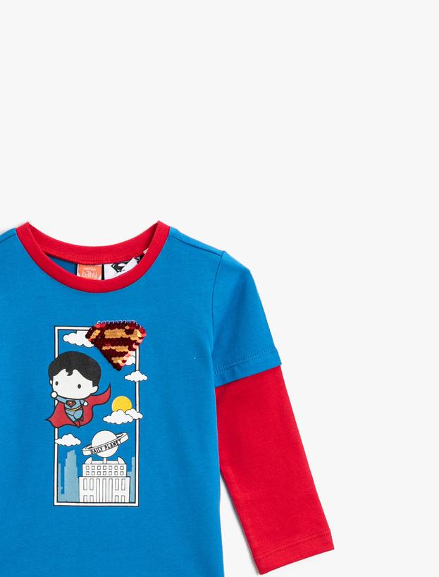  Erkek Bebek Superman Lisanslı Baskılı Pullu Bisiklet Yaka Uzun Kollu Pamuklu Tişört
