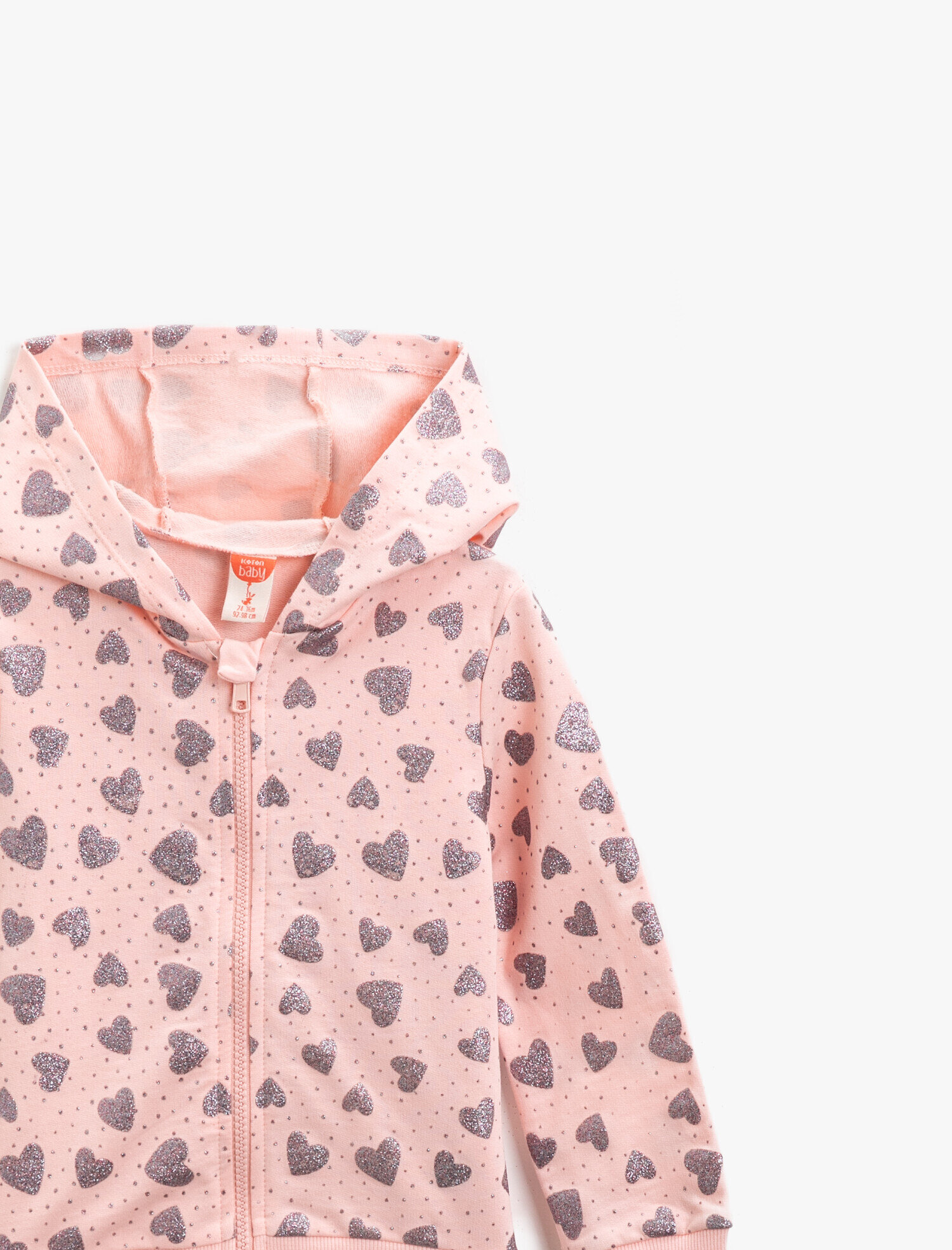  Kız Bebek Pamuklu Fermuarlı Kapüşonlu Simli Baskılı Sweatshirt