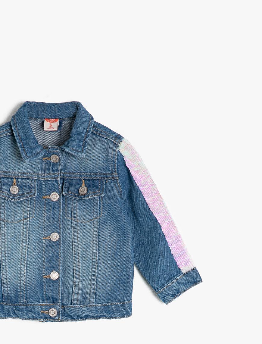  Kız Bebek Pamuklu Pullu Klasik Yaka Jean Ceket