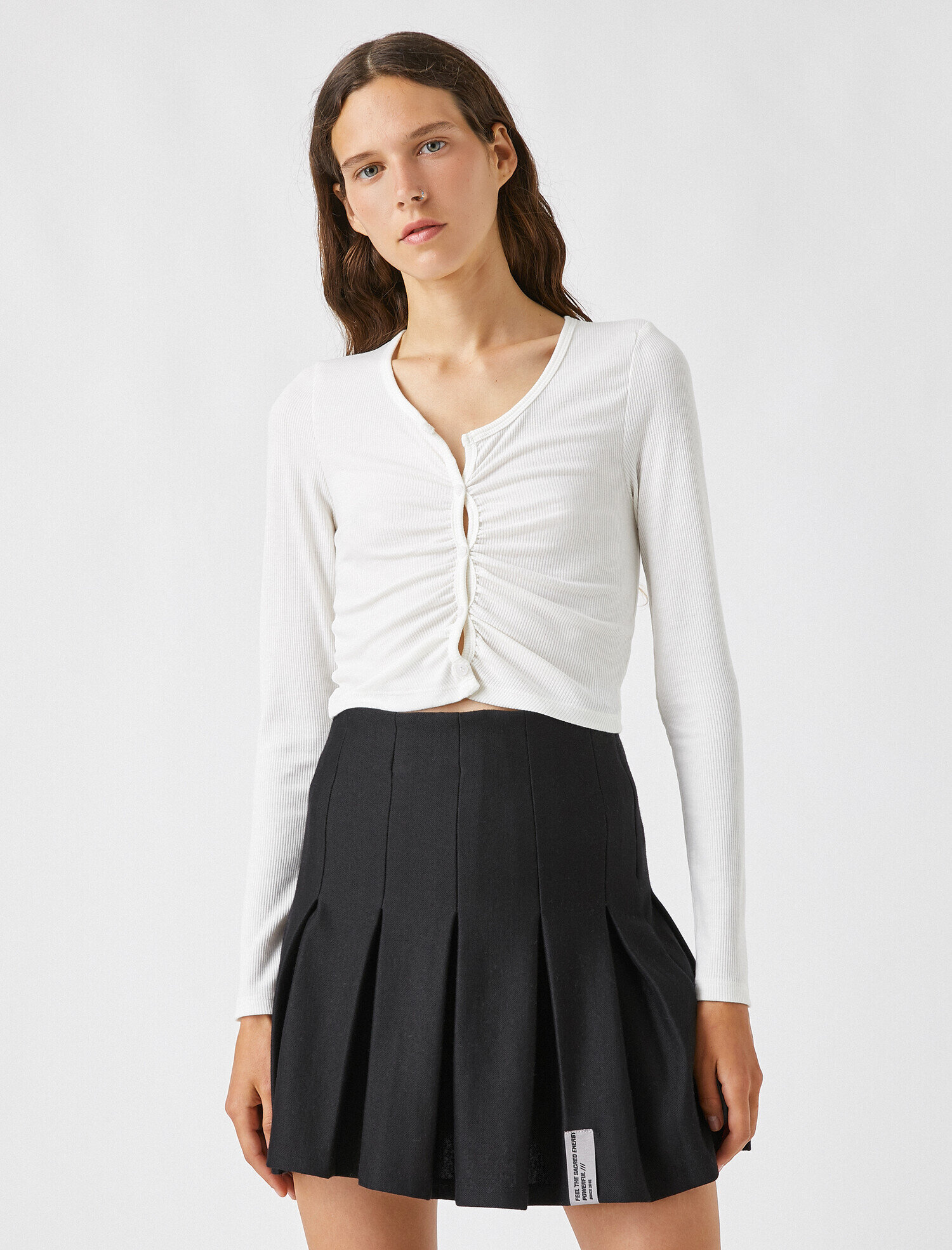   Uzun Kollu Tişört Crop Büzgülü