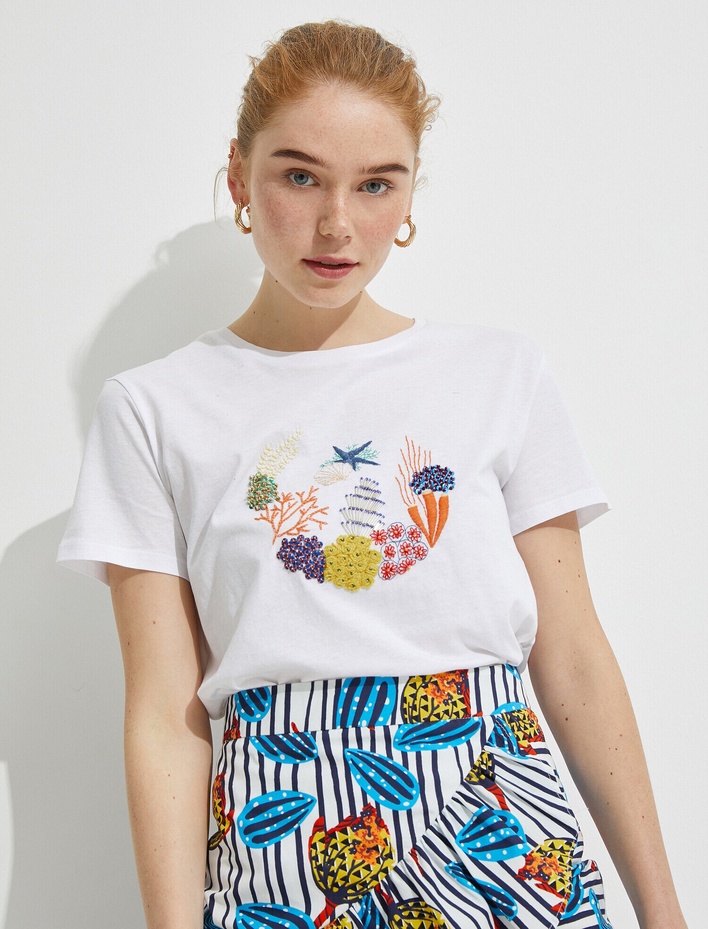  Baskılı Tişört Bisiklet Yaka Kısa Kollu Pamuklu