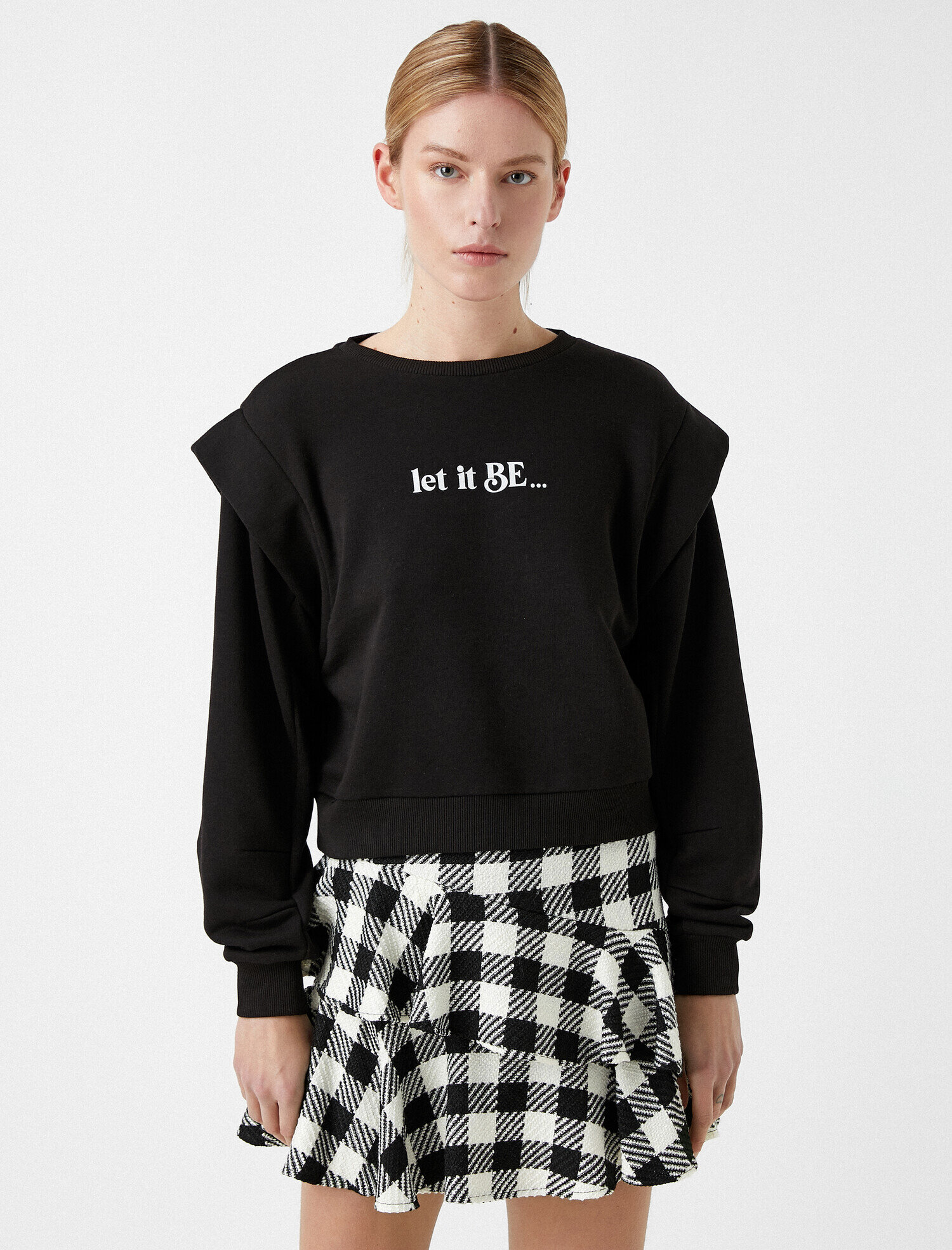   Yazılı Sweatshirt Omuz Detaylı Pamuklu