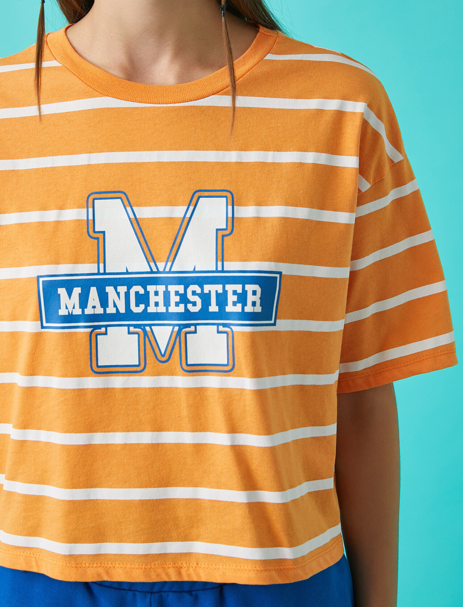   Çizgili Crop Tişört Baskılı Pamuklu