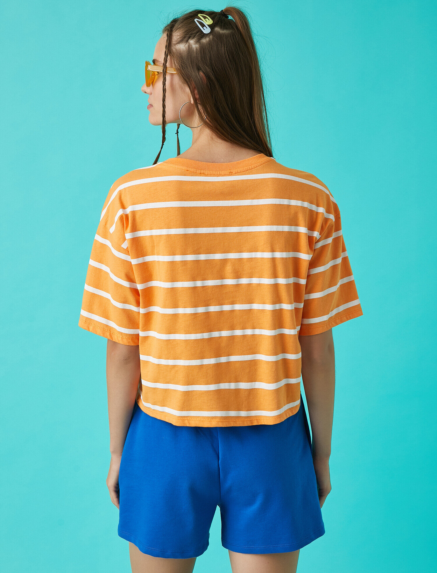   Çizgili Crop Tişört Baskılı Pamuklu