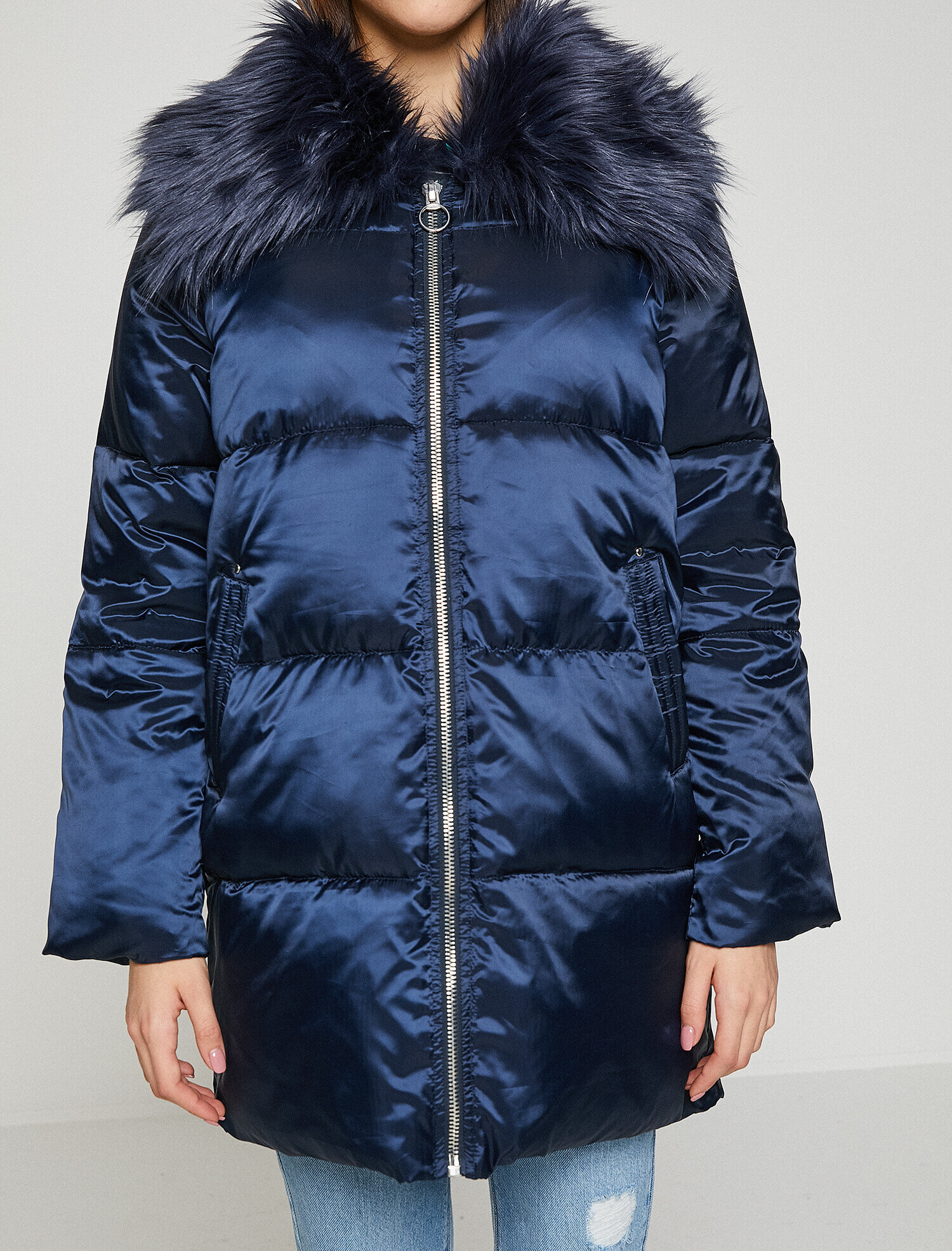   Suni Kürk Detaylı Uzun Şişme Mont